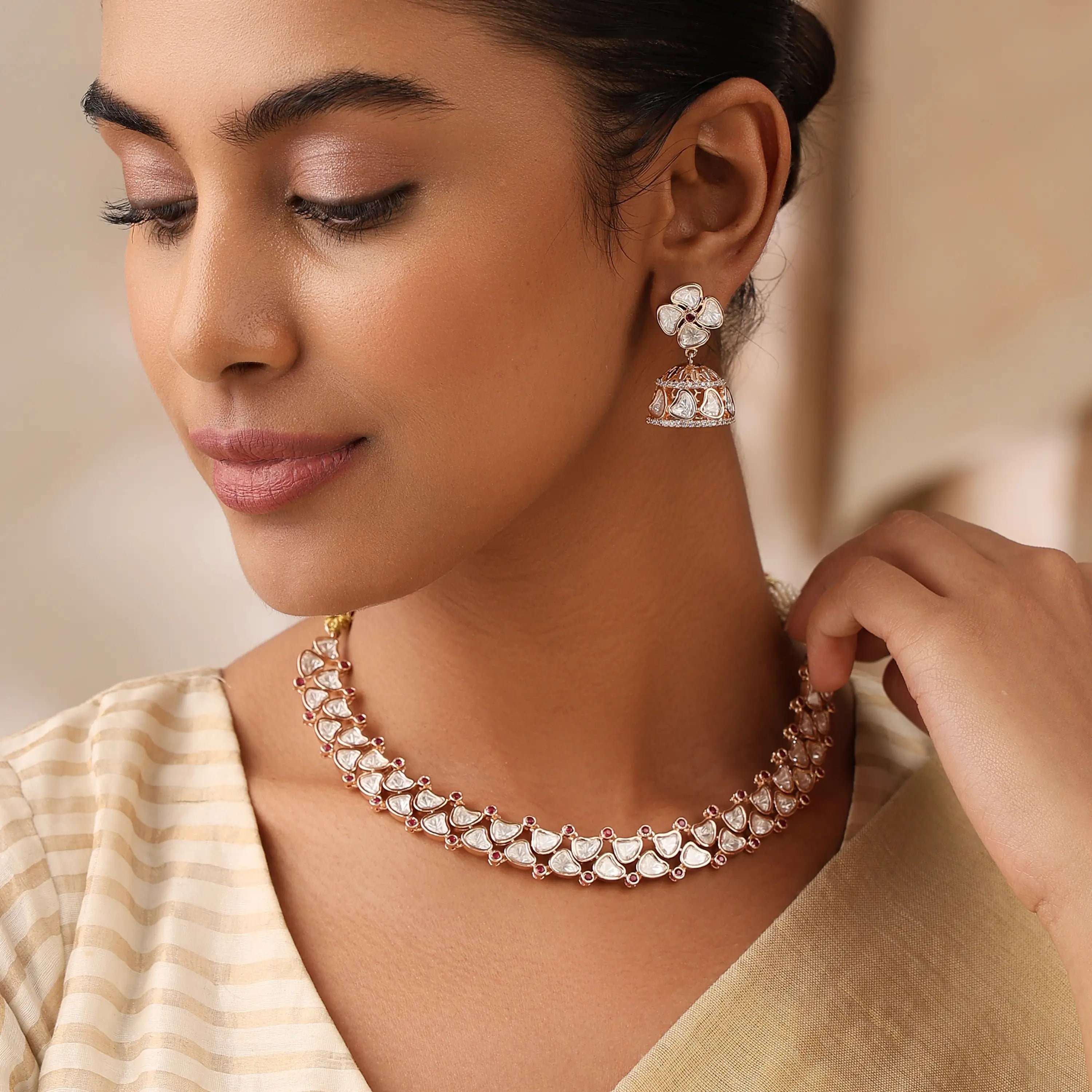 Lunara Heartline Mozonite Necklace Set with Floral Jhumka Earrings