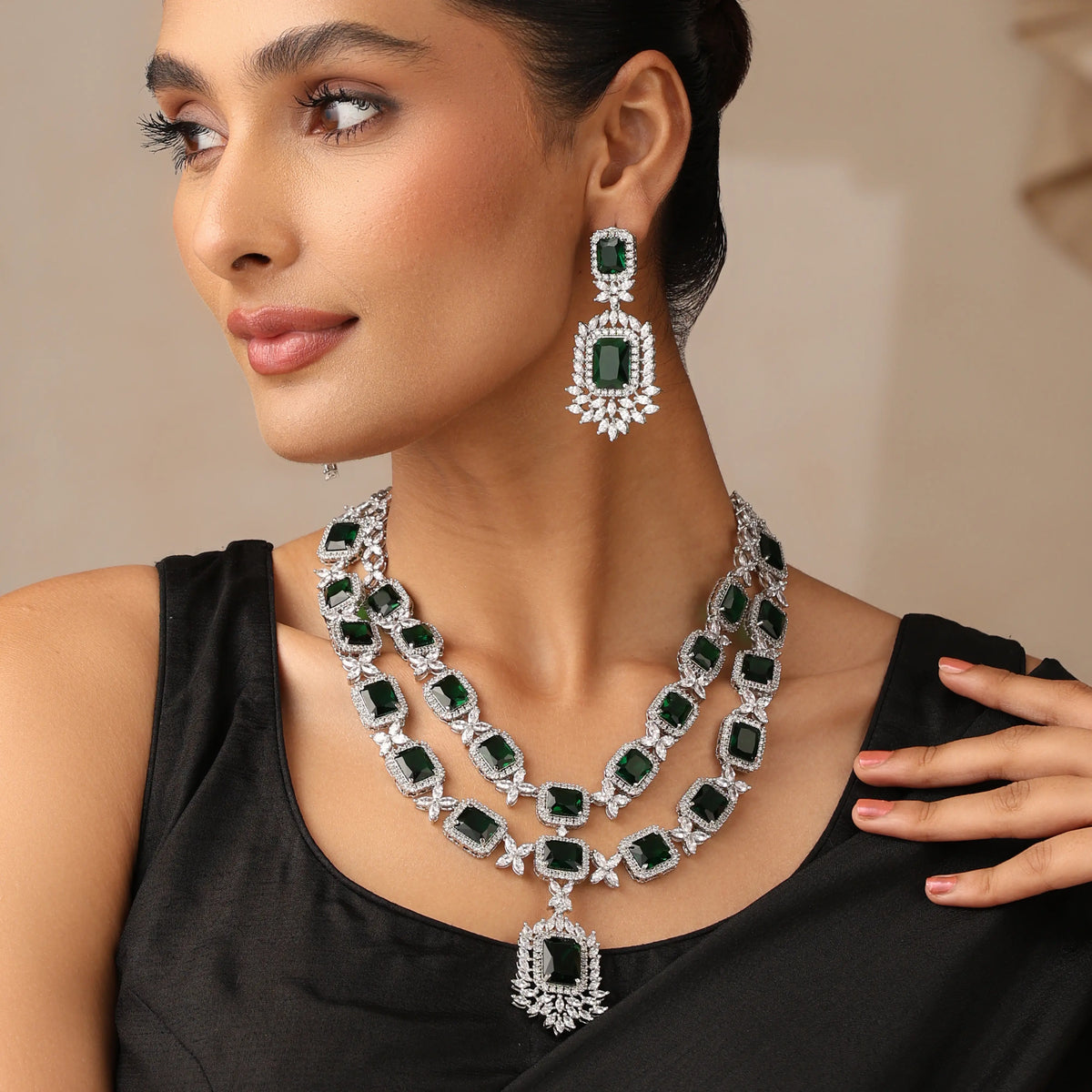 Emerald Green Double-Layer CZ Necklace Set with Statement Earrings