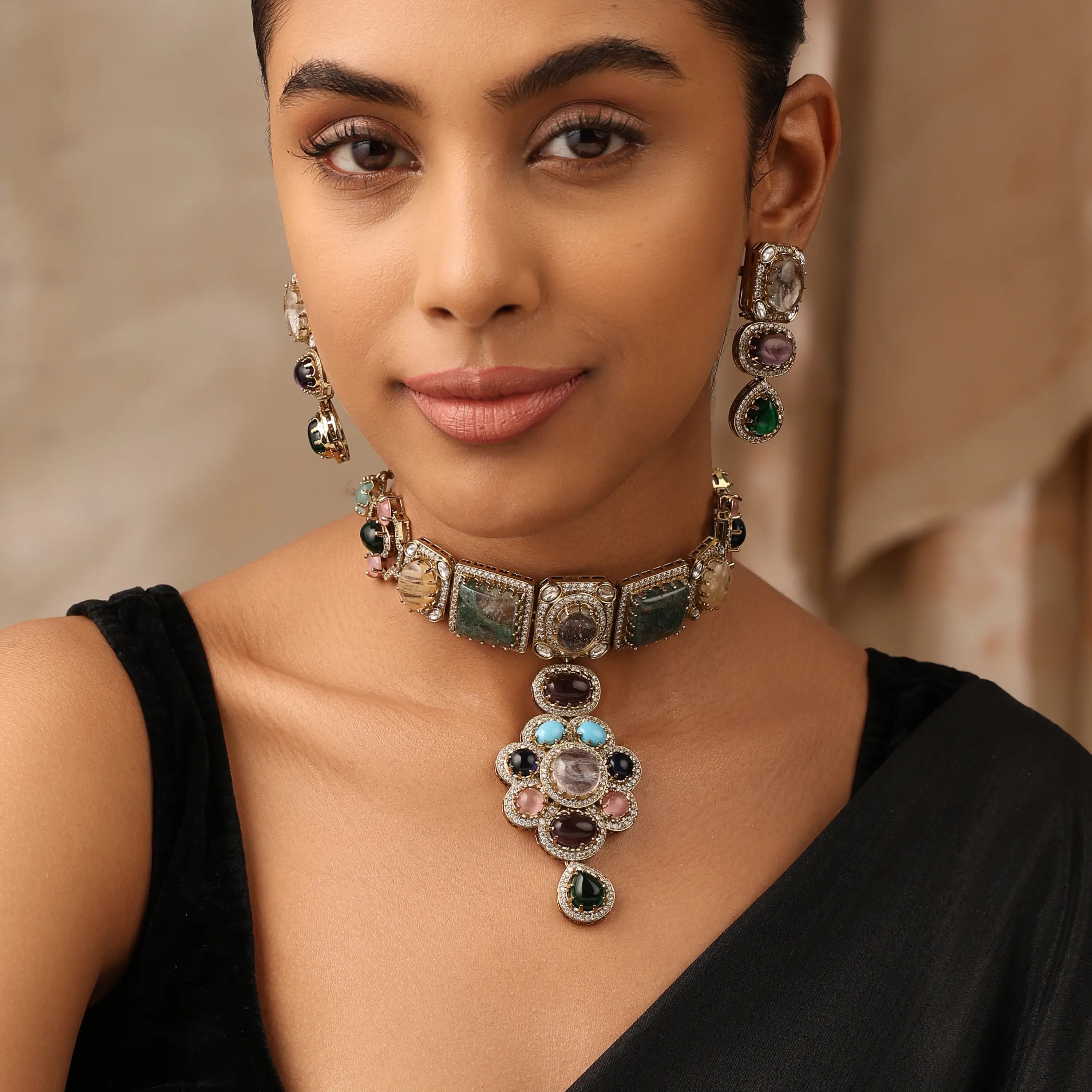 Cabochon Stone Choker Necklace Set with Earrings
