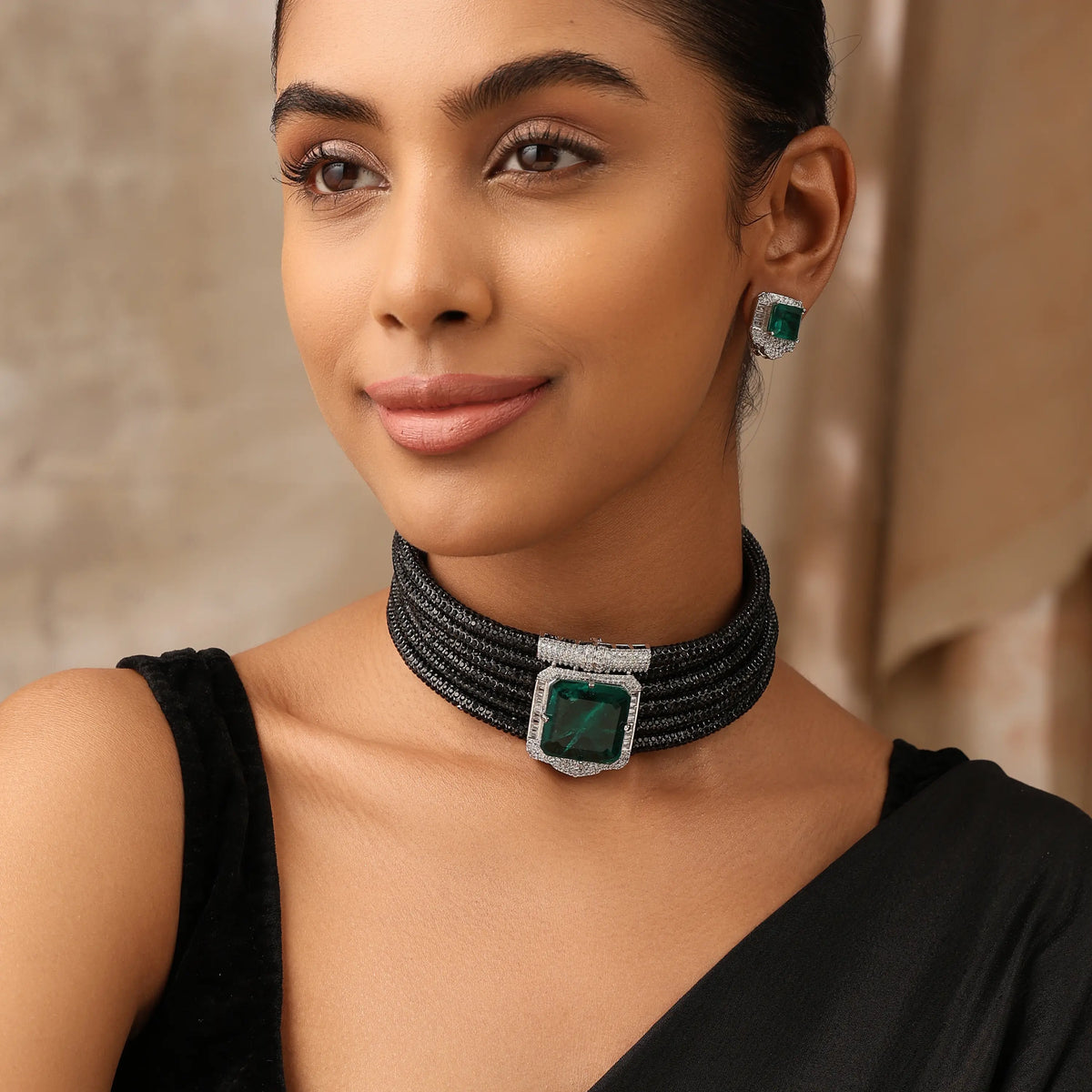 Emerald Green & Black Multi-Strand Choker Necklace Set with Stud Earrings
