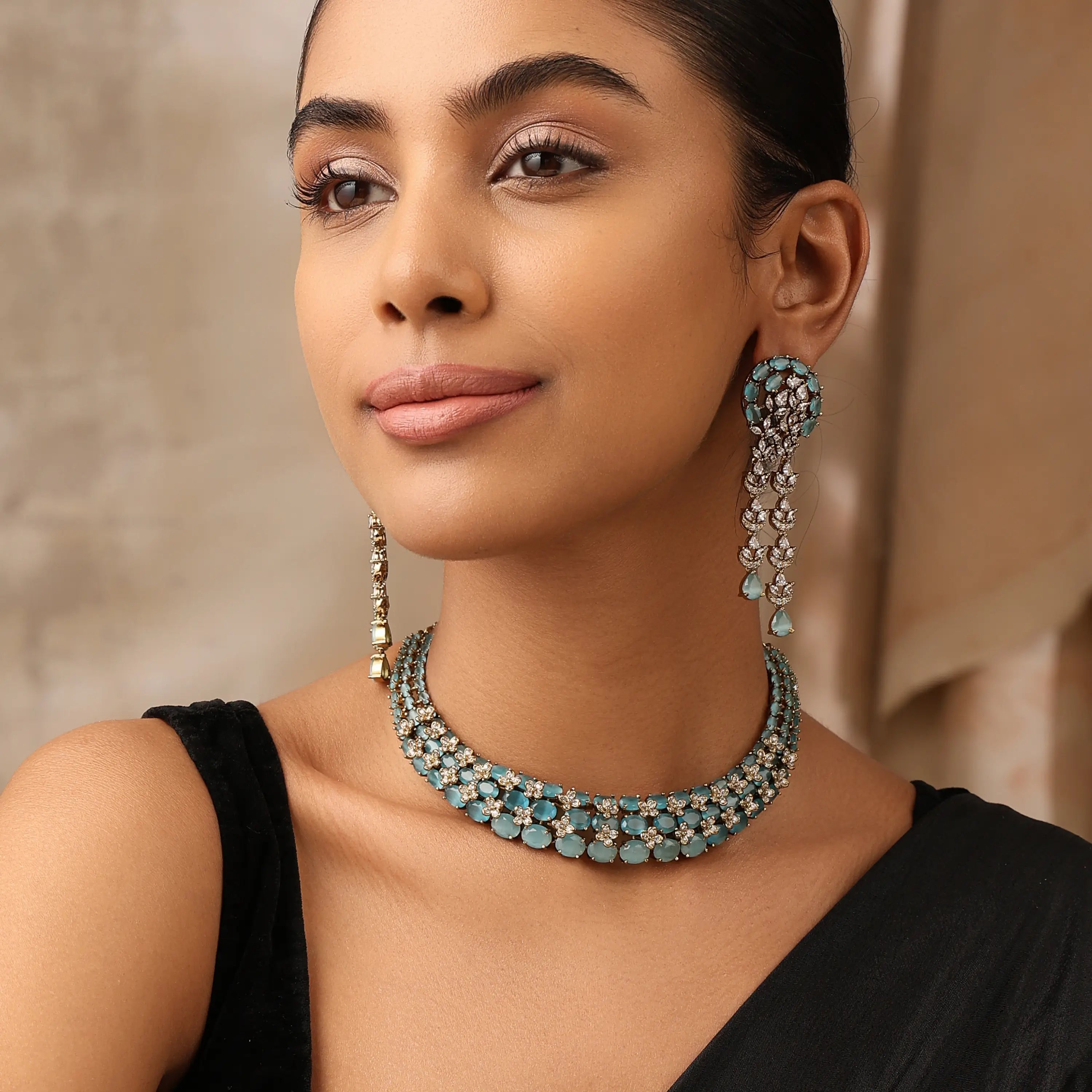 Miral Aqua Choker Necklace Set with Statement Earrings