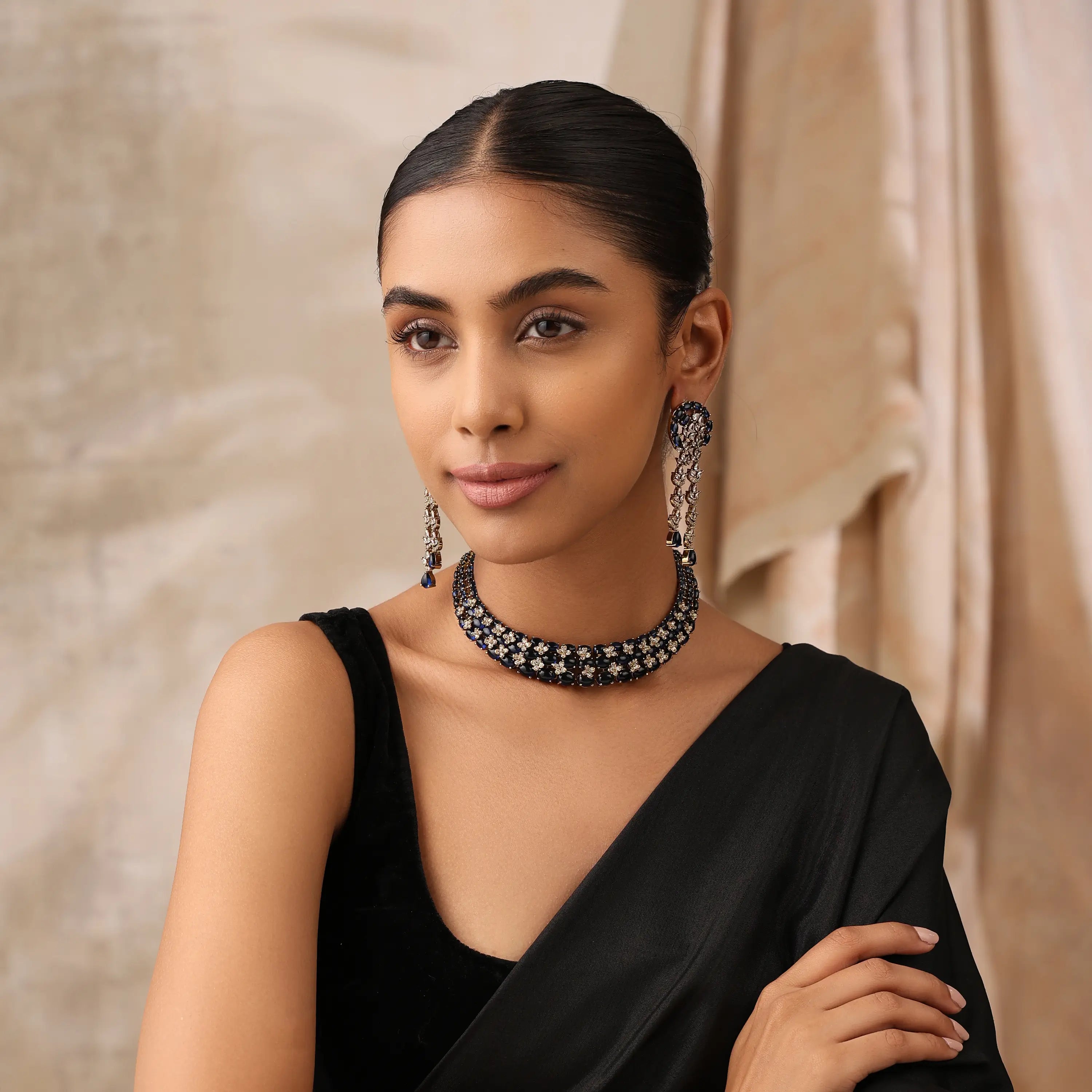 Miral Sapphire Blue Choker Necklace Set with Statement Earrings