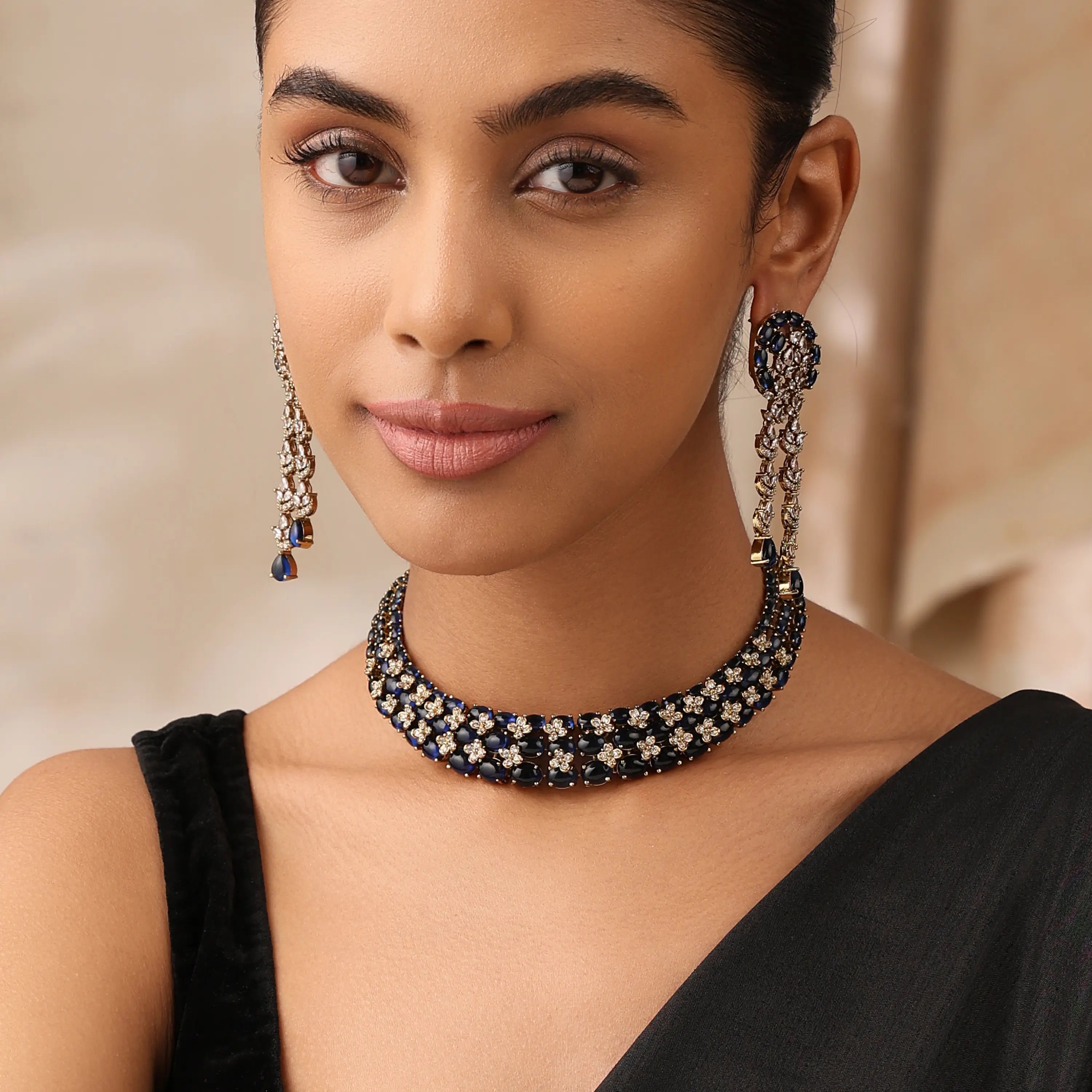 Miral Sapphire Blue Choker Necklace Set with Statement Earrings