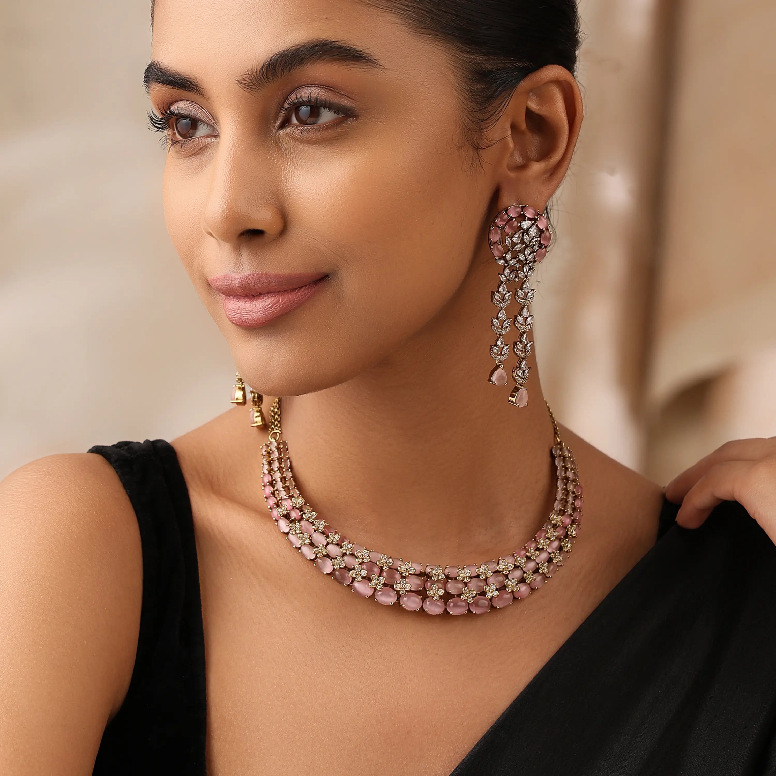 Miral Pink Choker Necklace Set with Statement Earrings