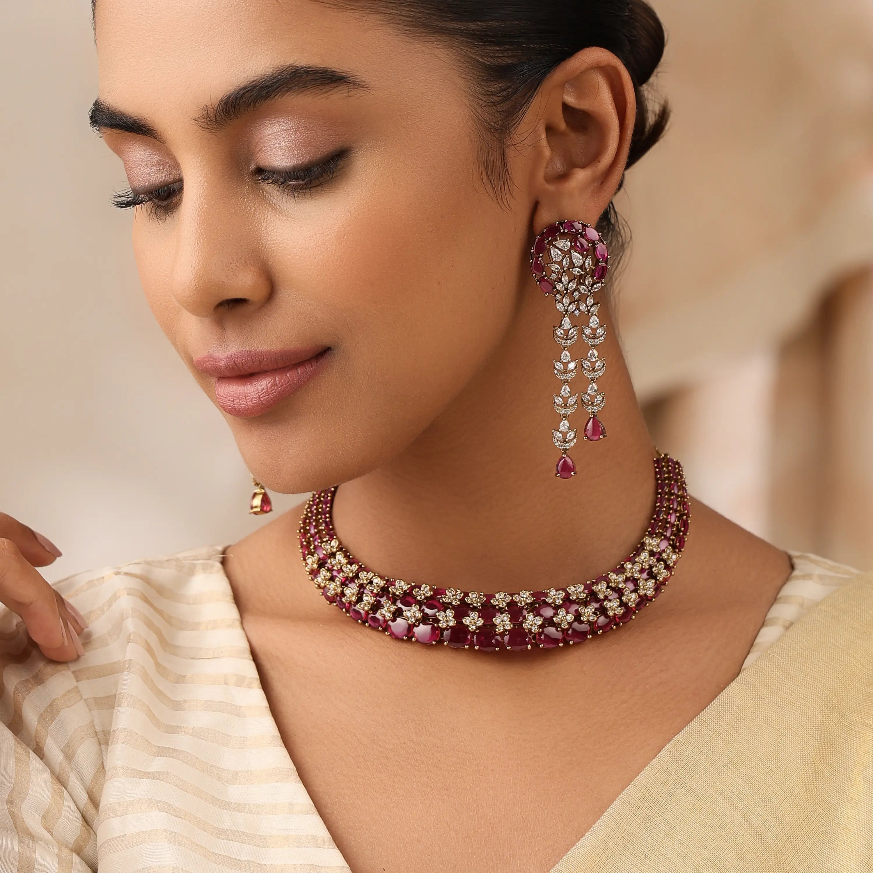 Miral Ruby Choker Necklace Set with Statement Earrings