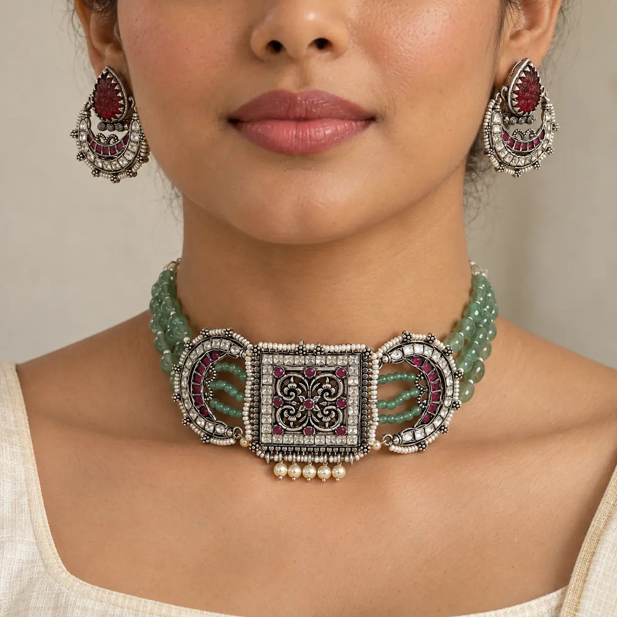 Sairika Mint Green Beaded Kundan Choker Set with Chandbali Earrings