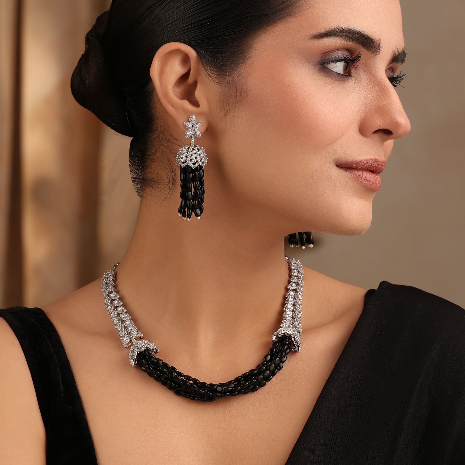 Noir Elegance Black Beaded Necklace with Tassel Earrings – Side Profile