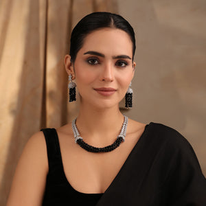 Noir Elegance Black Beaded Necklace with Tassel Earrings – Side Profile