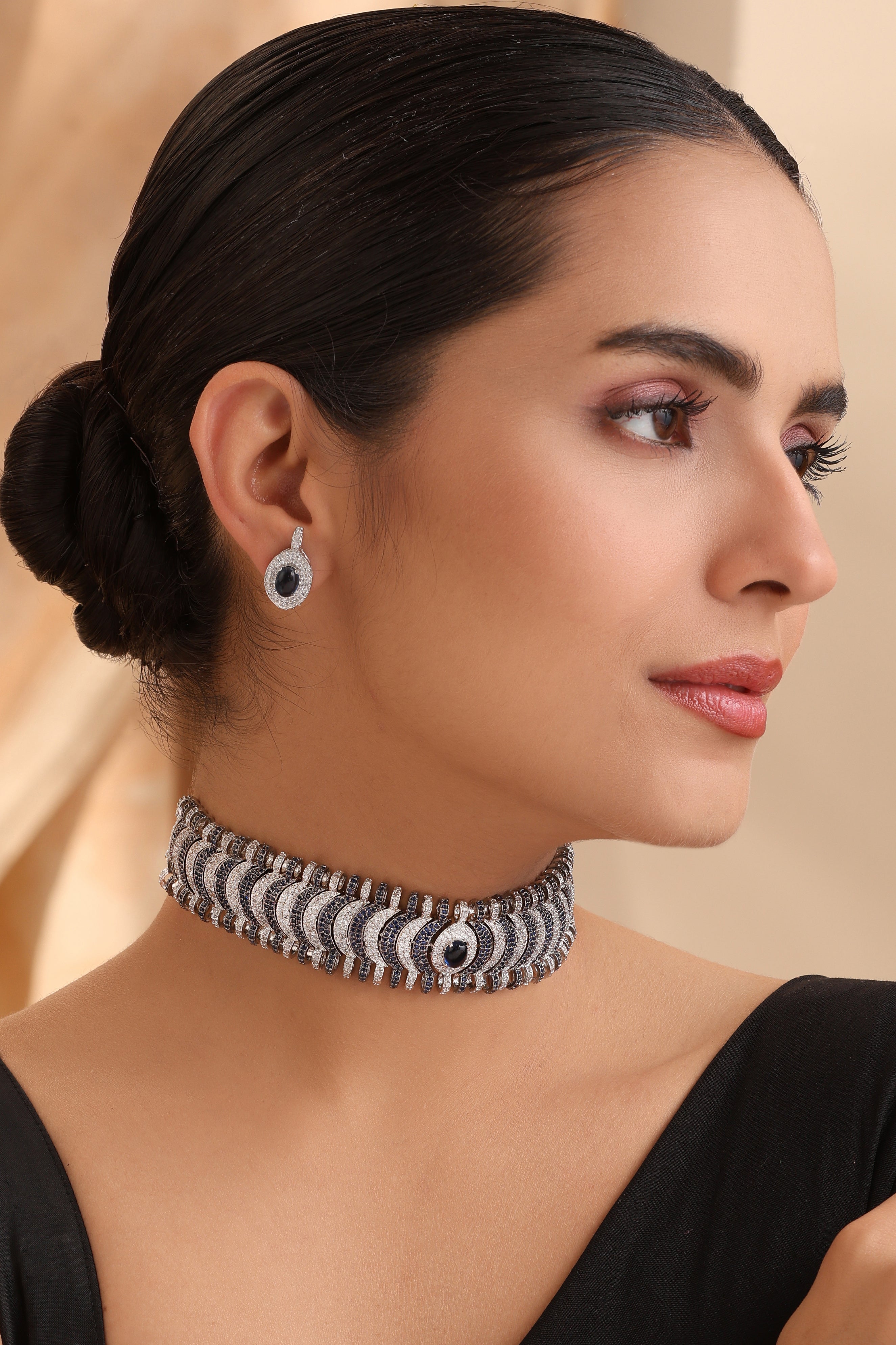 Astrid Sapphire Choker Set with black and white cubic zirconia, sapphire-inspired centerpiece, and matching earrings – statement luxury jewelry”