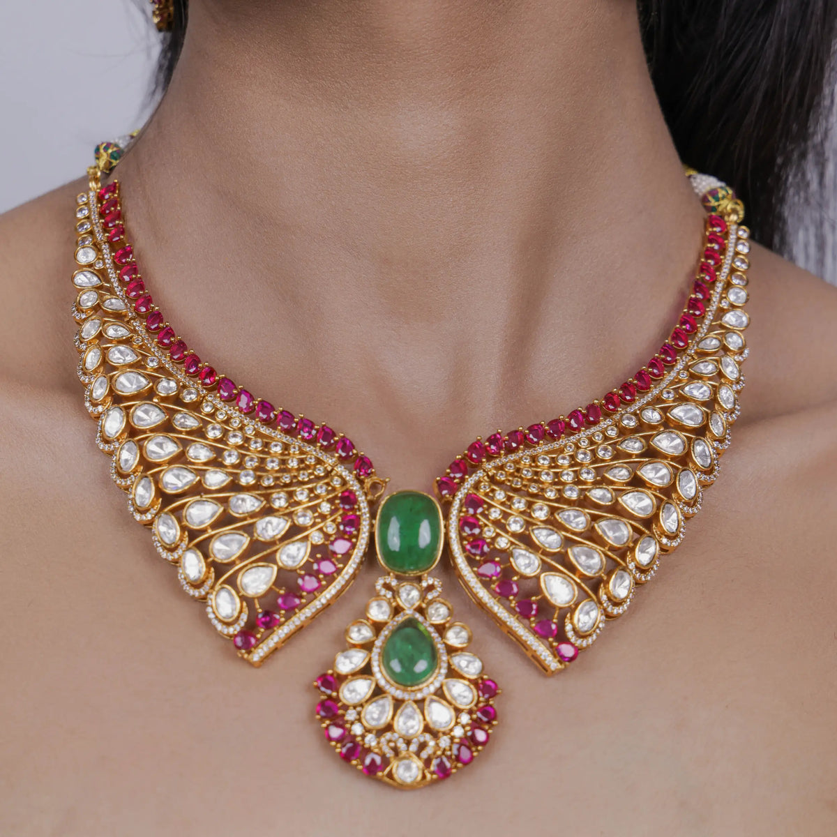 Anisha Emerald Ruby Mosinite Wing Kundan Necklace Set (Necklace + Earrings)