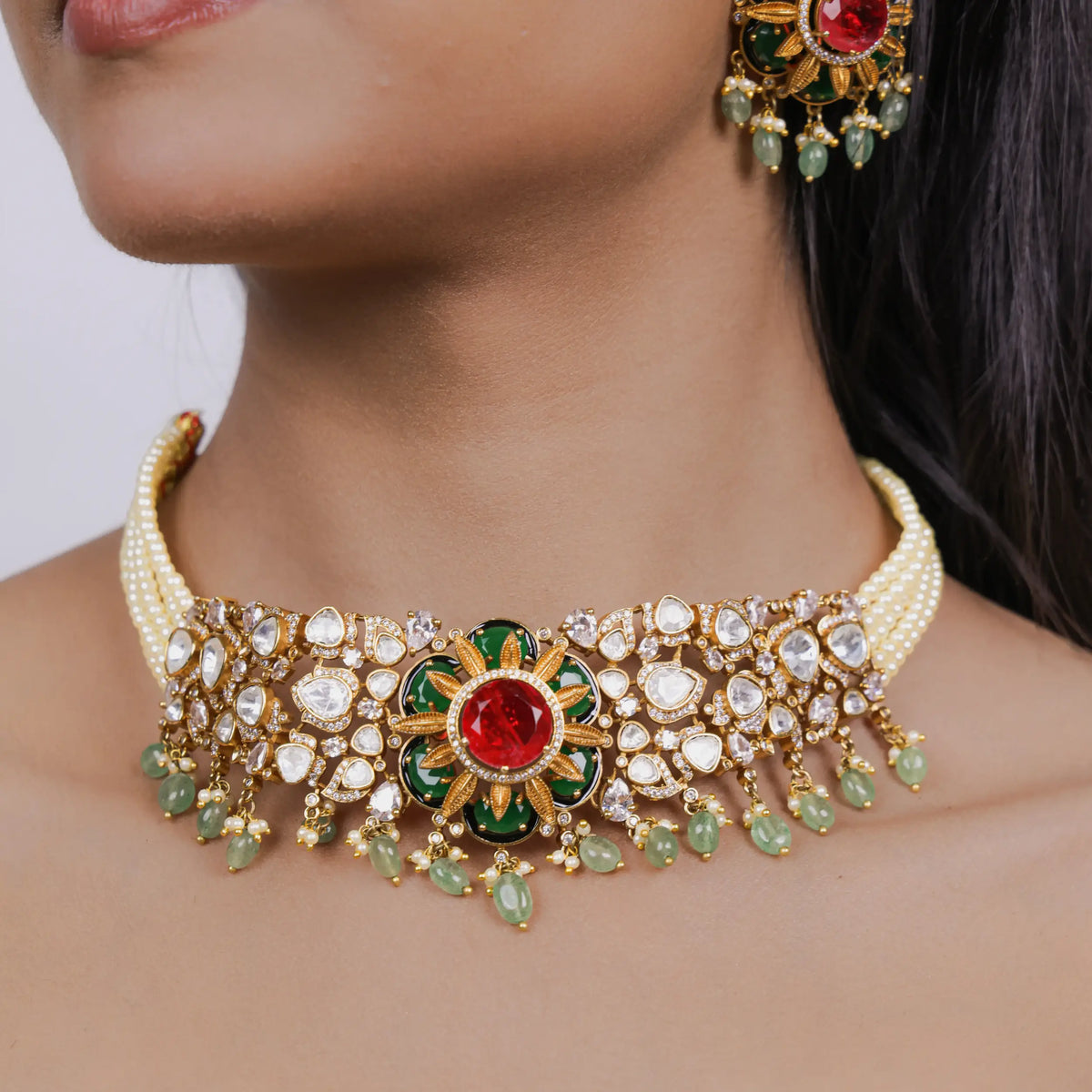 Mehr Emerald Ruby Royale Kundan Necklace Set (Necklace +Earrings)