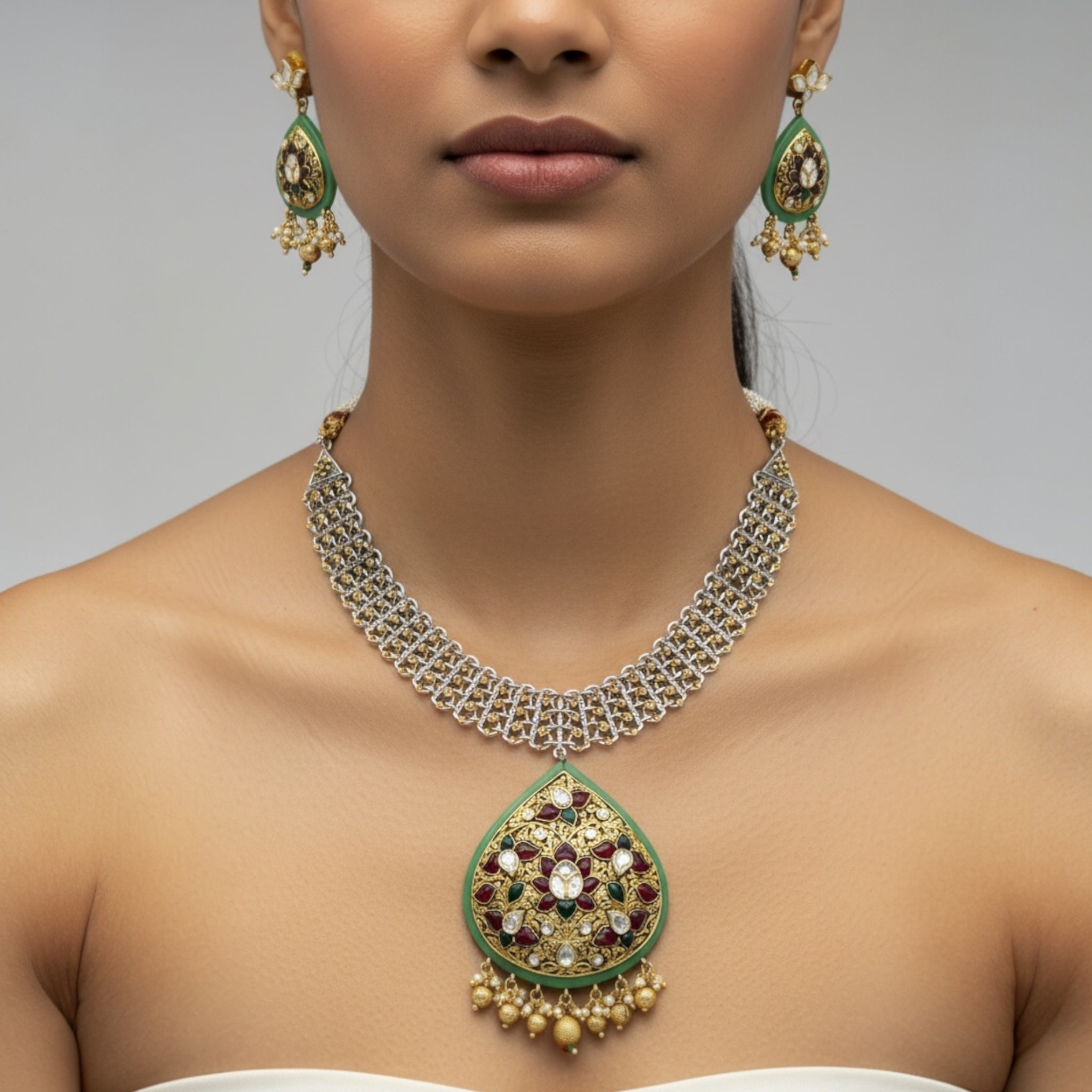 Jadau Kundan Emerald Ruby Pendant