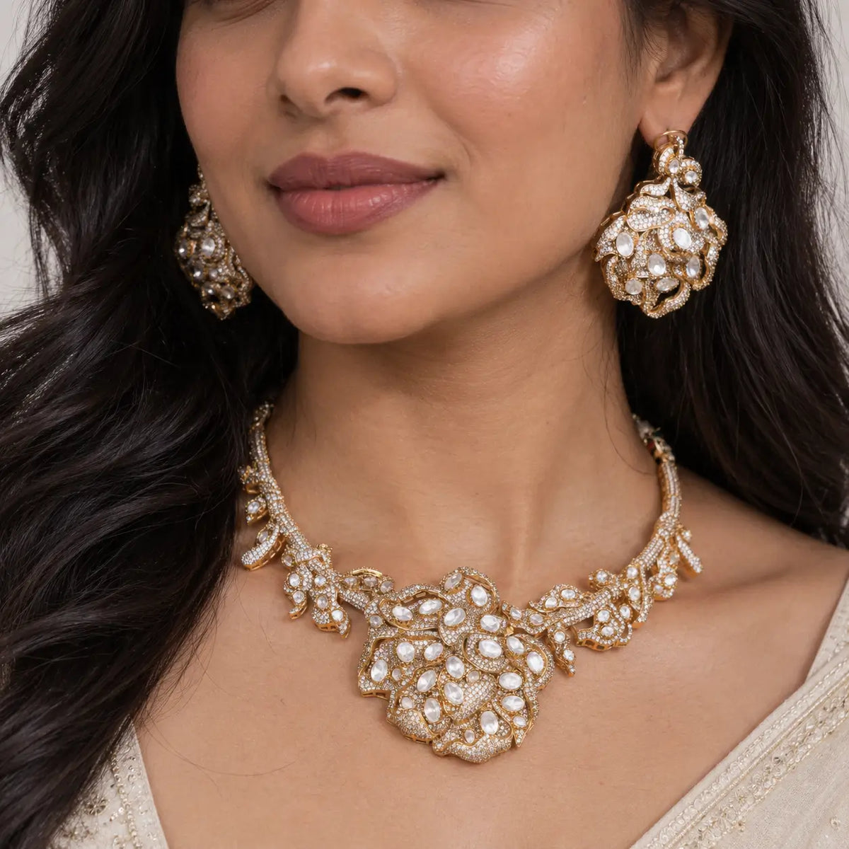 Zarielle Bloom Moissanite Kundan Floral Necklace Set with Statement Earrings – Gold