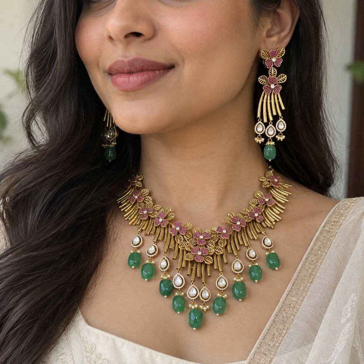 Gulriva Ruby Floral Fluted Fringe Moissanite Kundan Necklace Set with Green Drops