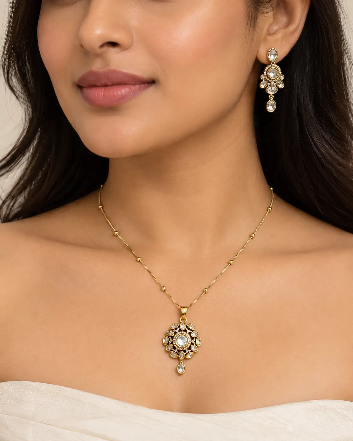 Mihira White Kundan Floral Pendant Necklace Set with Earrings