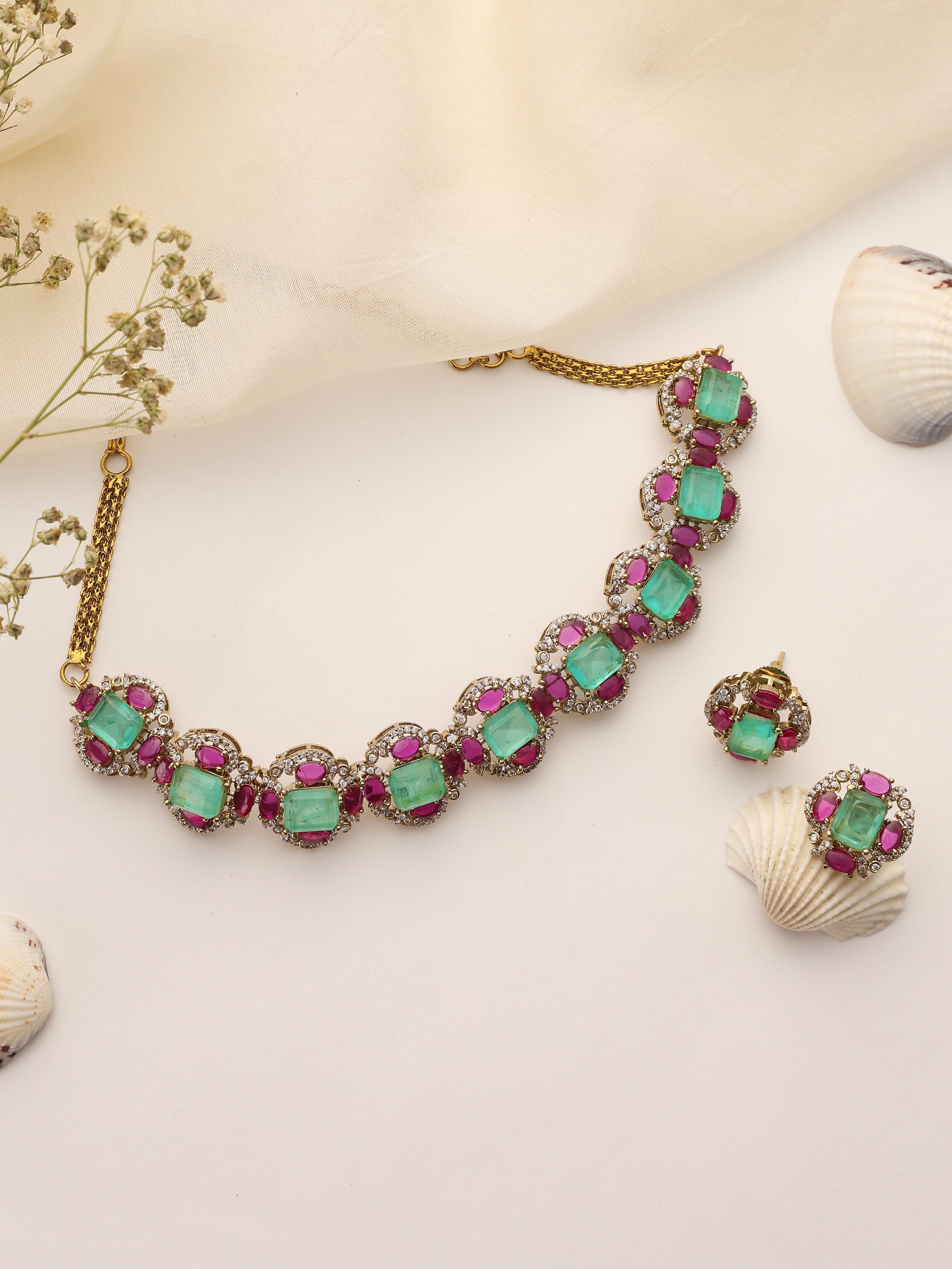 Emerald Paraiba choker necklace and matching ruby stud earrings – traditional Kundan jewelry set"