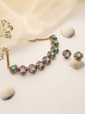 Emerald Paraiba choker necklace and matching ruby stud earrings – traditional Kundan jewelry set"
