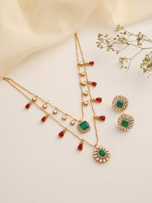 Elegant Emerald & Ruby Layered Necklace with Kundan Detailing – Flatlay