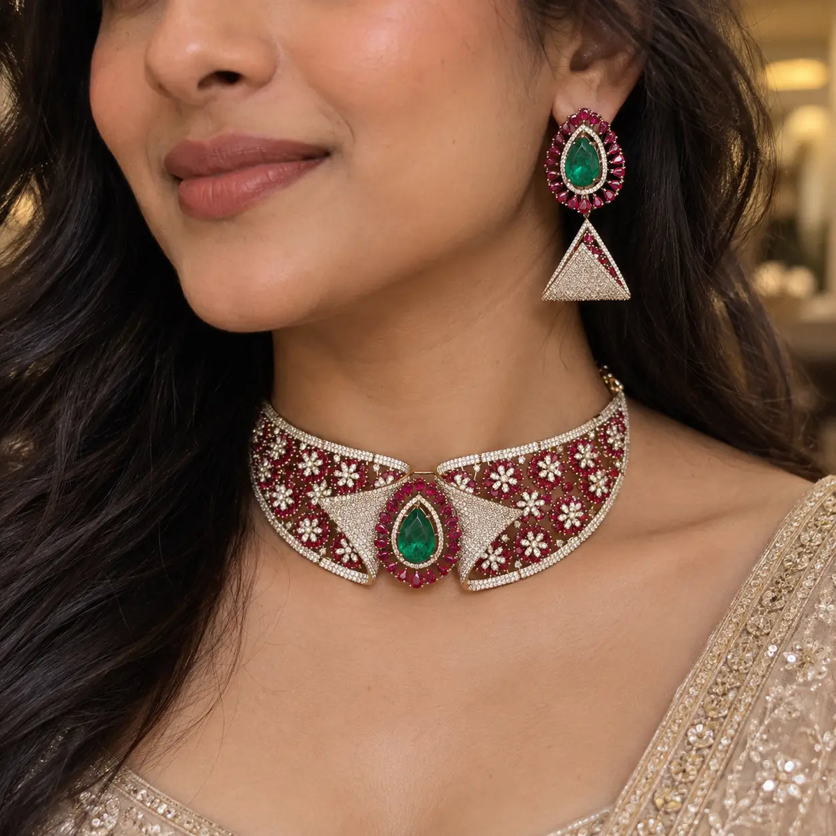 Zisha Emerald Ruby Floral Moissanite Choker Set with Geometric Statement Earrings