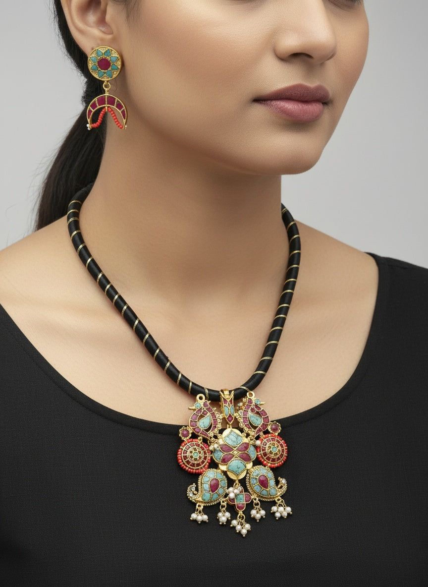 Jadau Turquoise Ruby Pendant Set