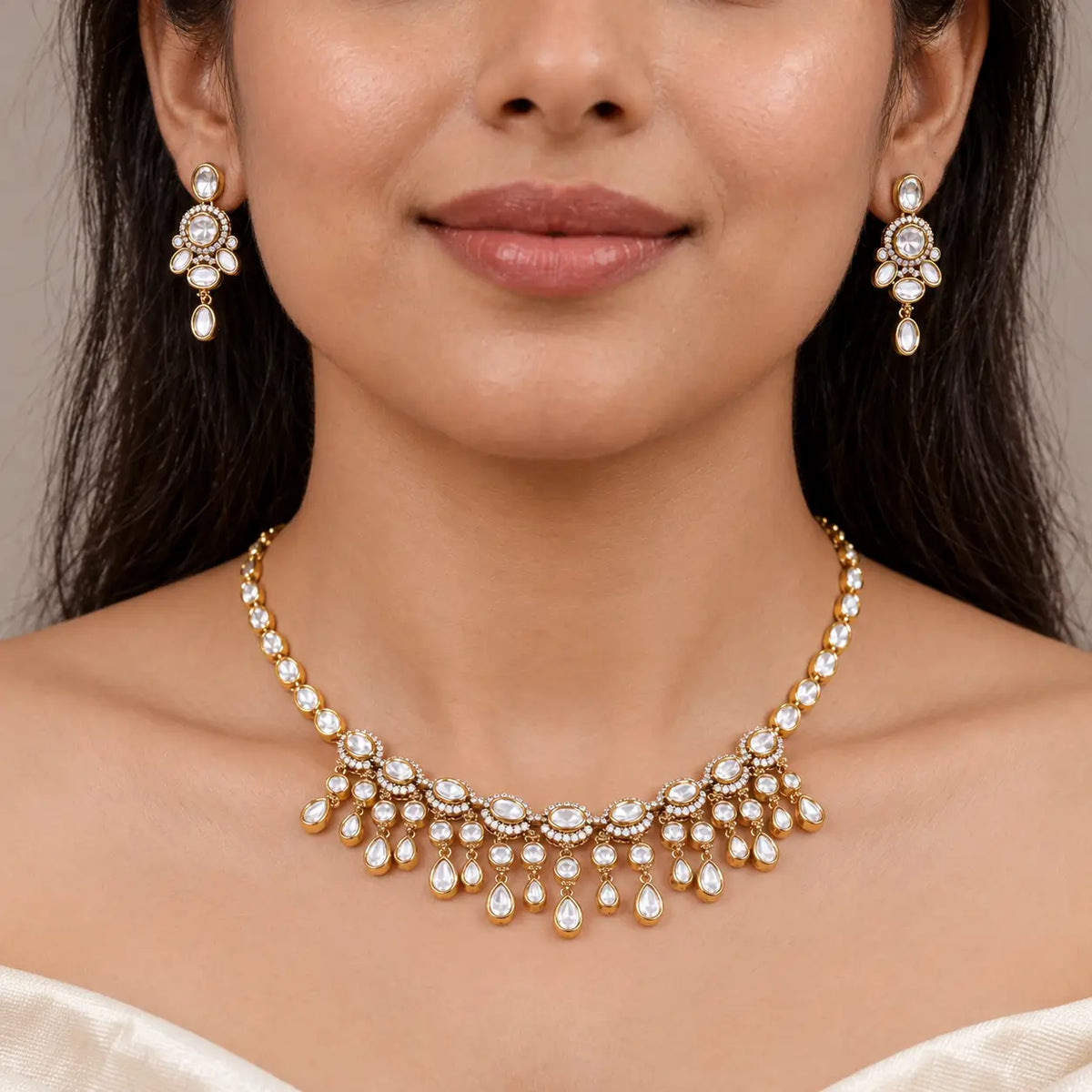 Aarvini White Kundan Teardrop Necklace Set with Earrings