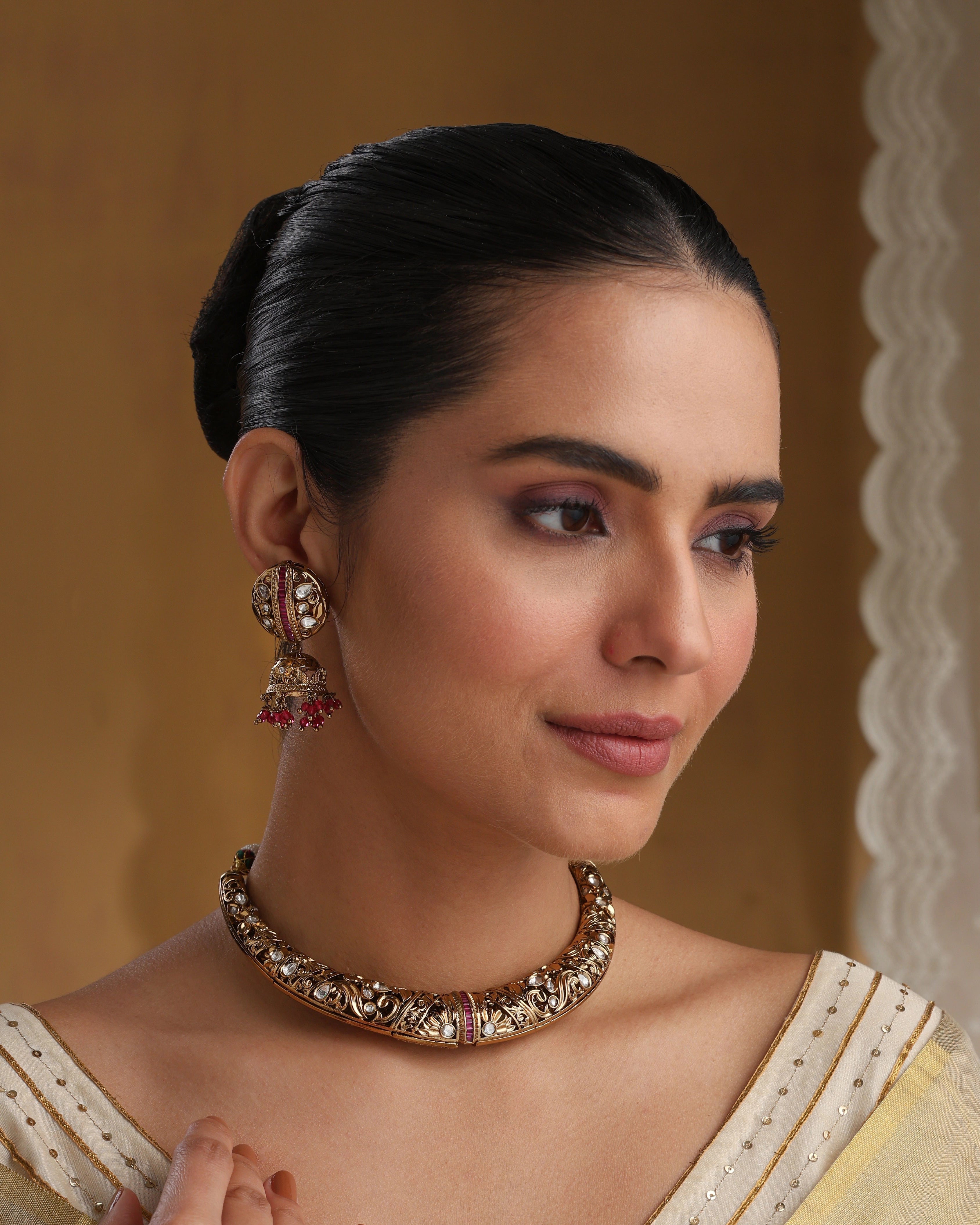 Amara Antique Gold Collar Necklace with Kundan and Jhumka Earrings
