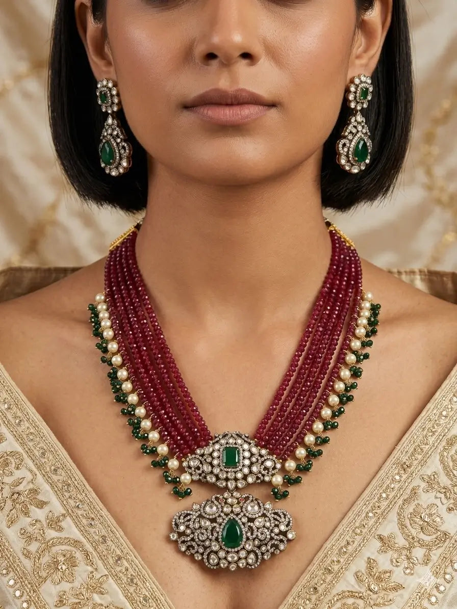 Jasmine Ruby Green Long Necklace Set