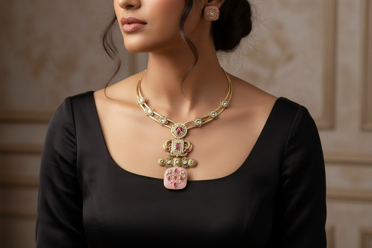 Pink Enamel Kundan Necklace Set with Ruby Accents & Matching Earrings
