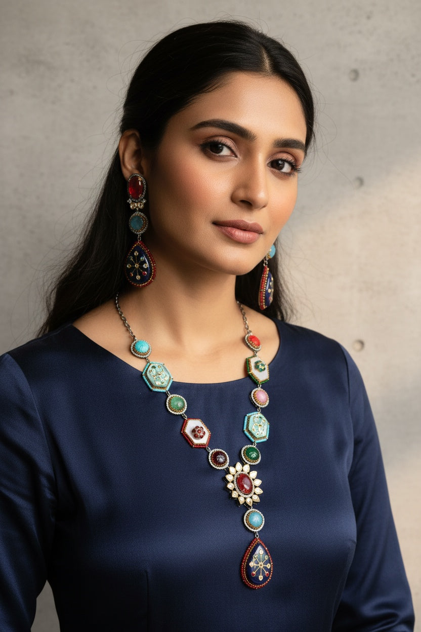 Multicolor Enamel & Stone Statement Necklace Set with Earrings