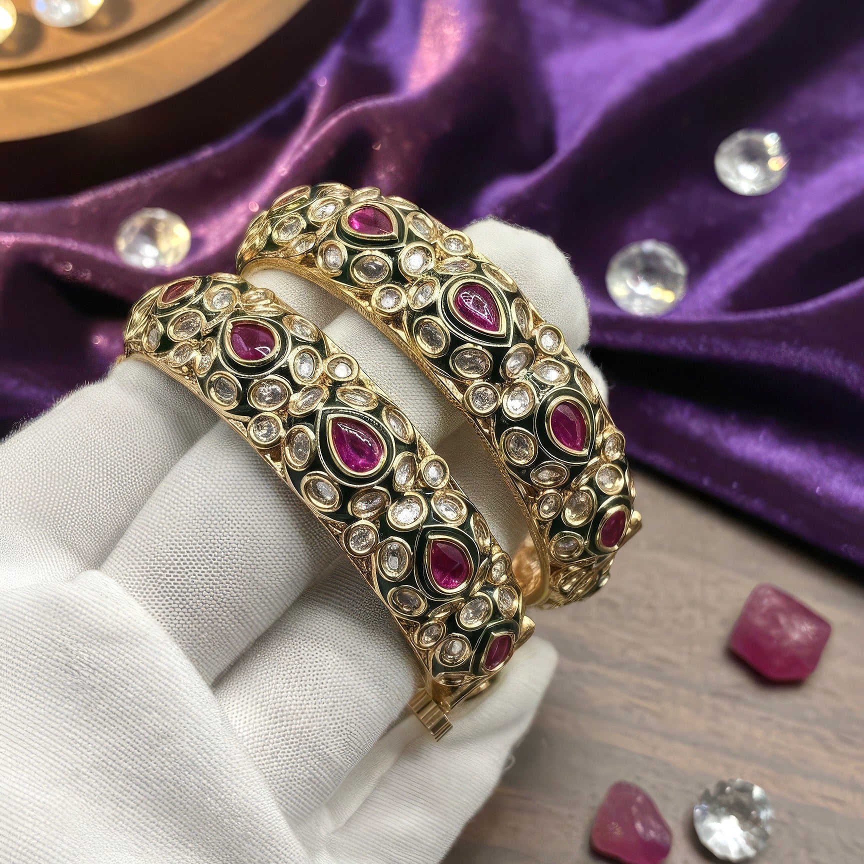 Regal Ruby & Polki Kundan Bangles with Enamel Detailing