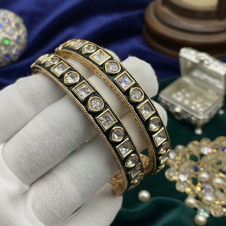 Uncut Polki Green Enamel Bangles