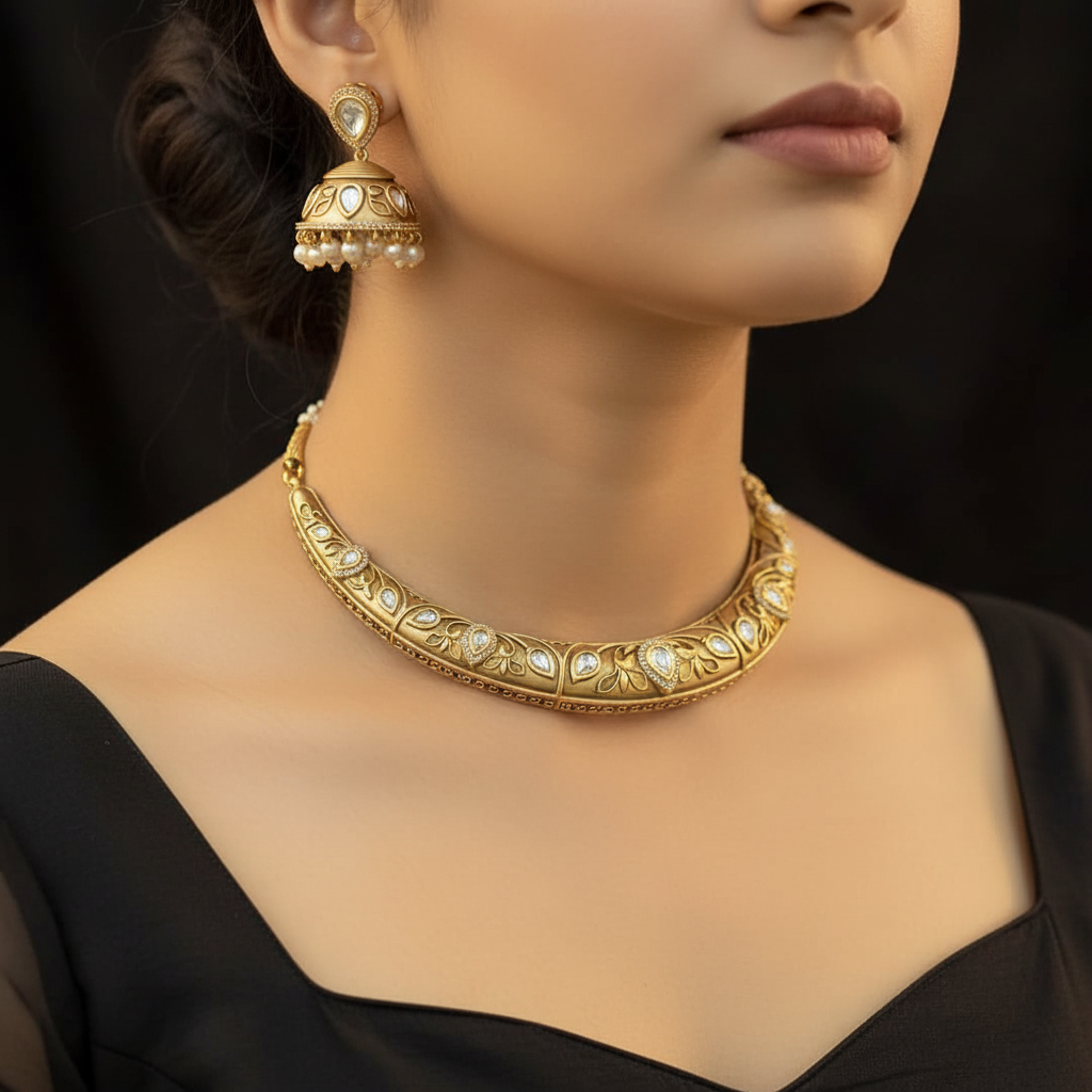 Gold Mosonite Hasli with Jhumkas