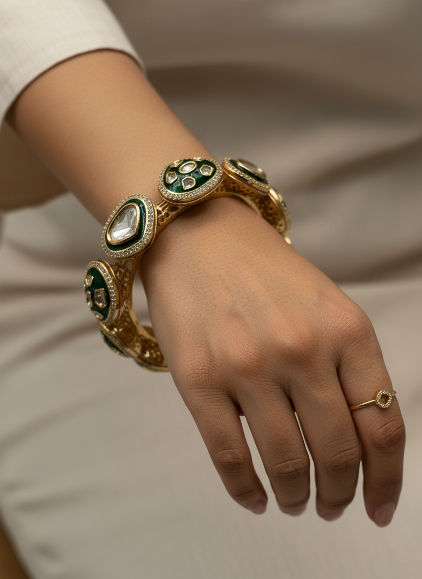 Aarvi Emerald Kundan Bangles – Gold Plated (Set of 2)