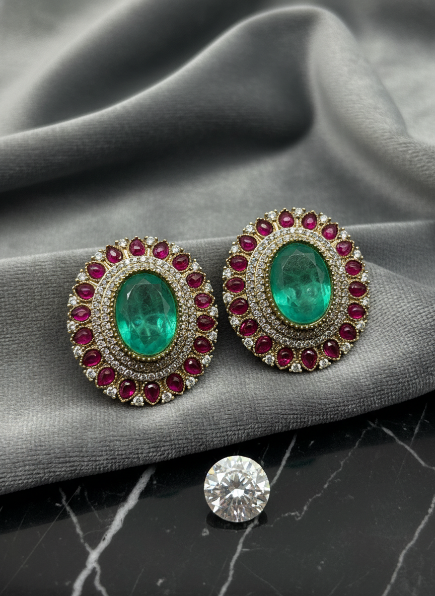 Mira Emerald Doublet Ruby Statement Stud Earrings – Gold Finish