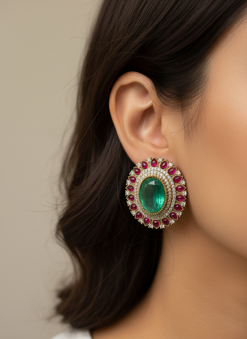 Mira Emerald Doublet Ruby Statement Stud Earrings – Gold Finish