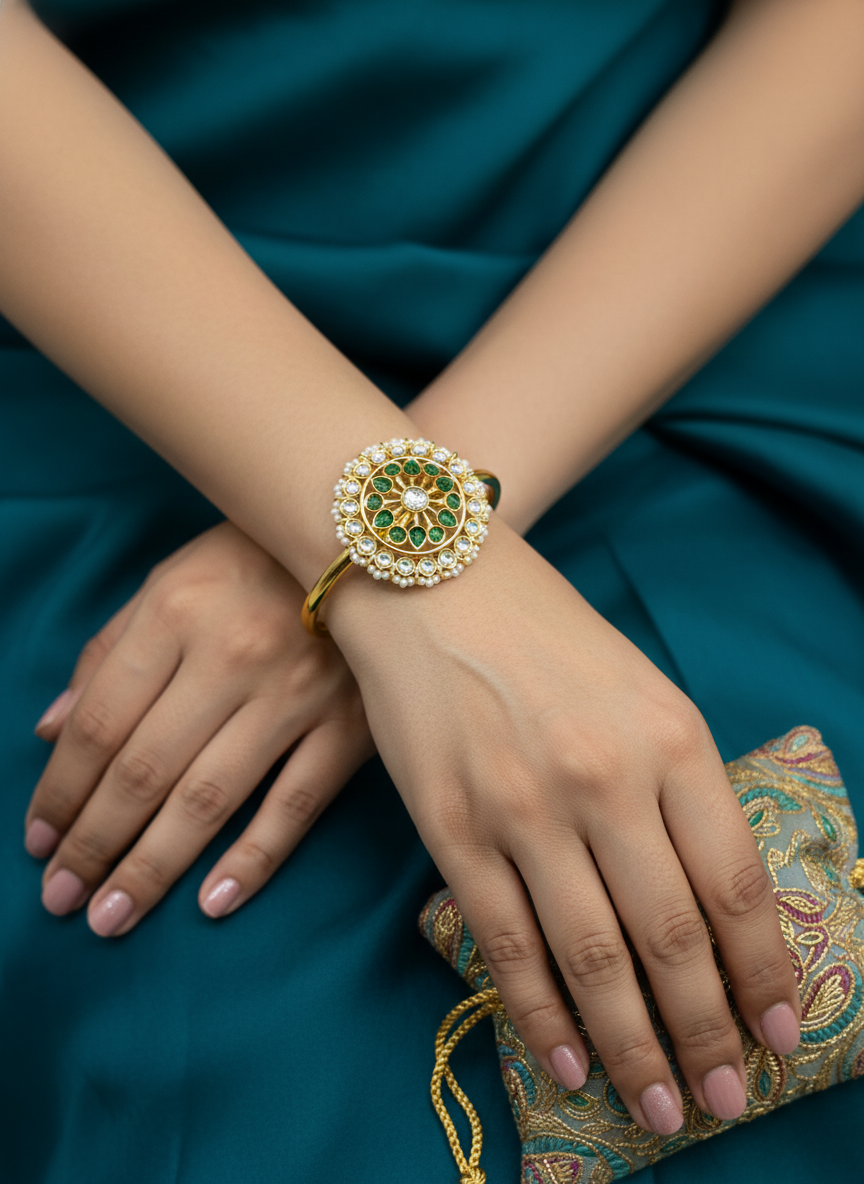 Devika Emerald Kundan Openable Bangle – Gold Plated