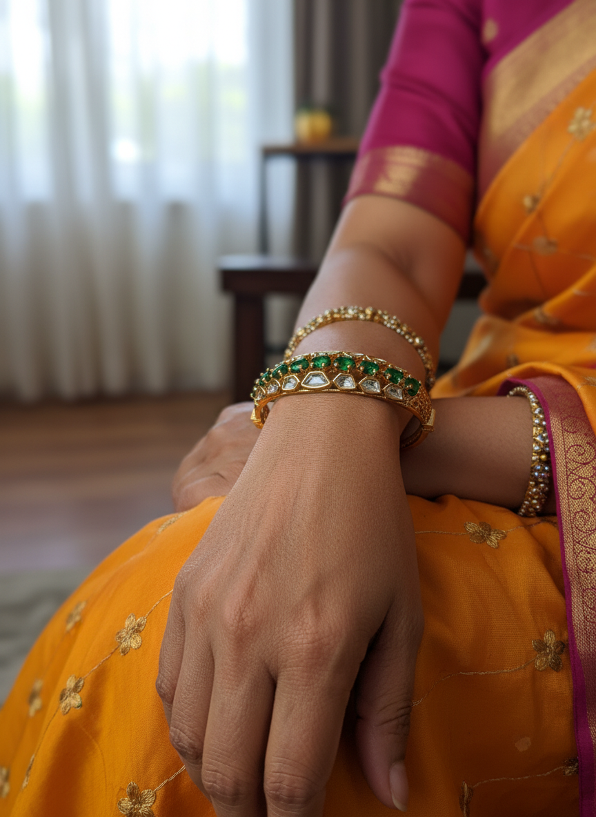 Tiya Green Kundan Bracelet 2.4 Inches