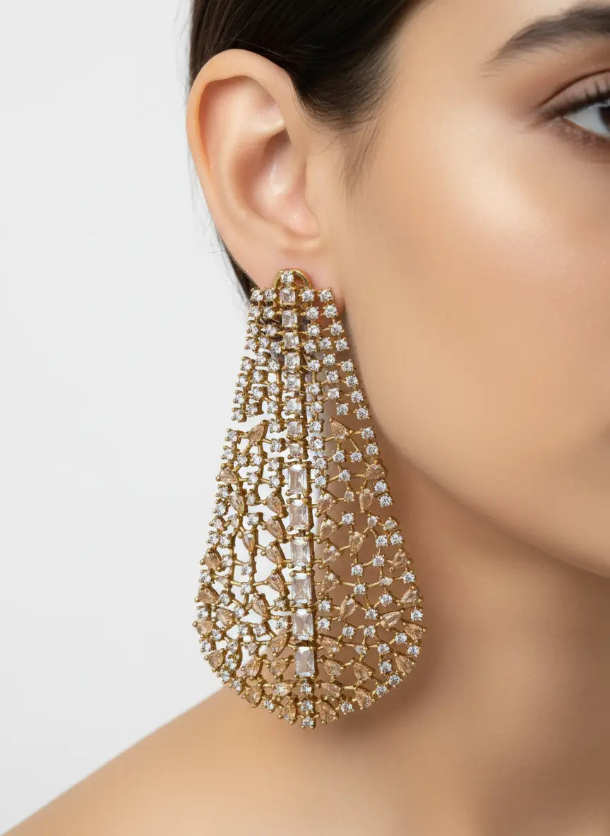 Liora Statement Earrings – Gold CZ Lattice Long Drop Earrings