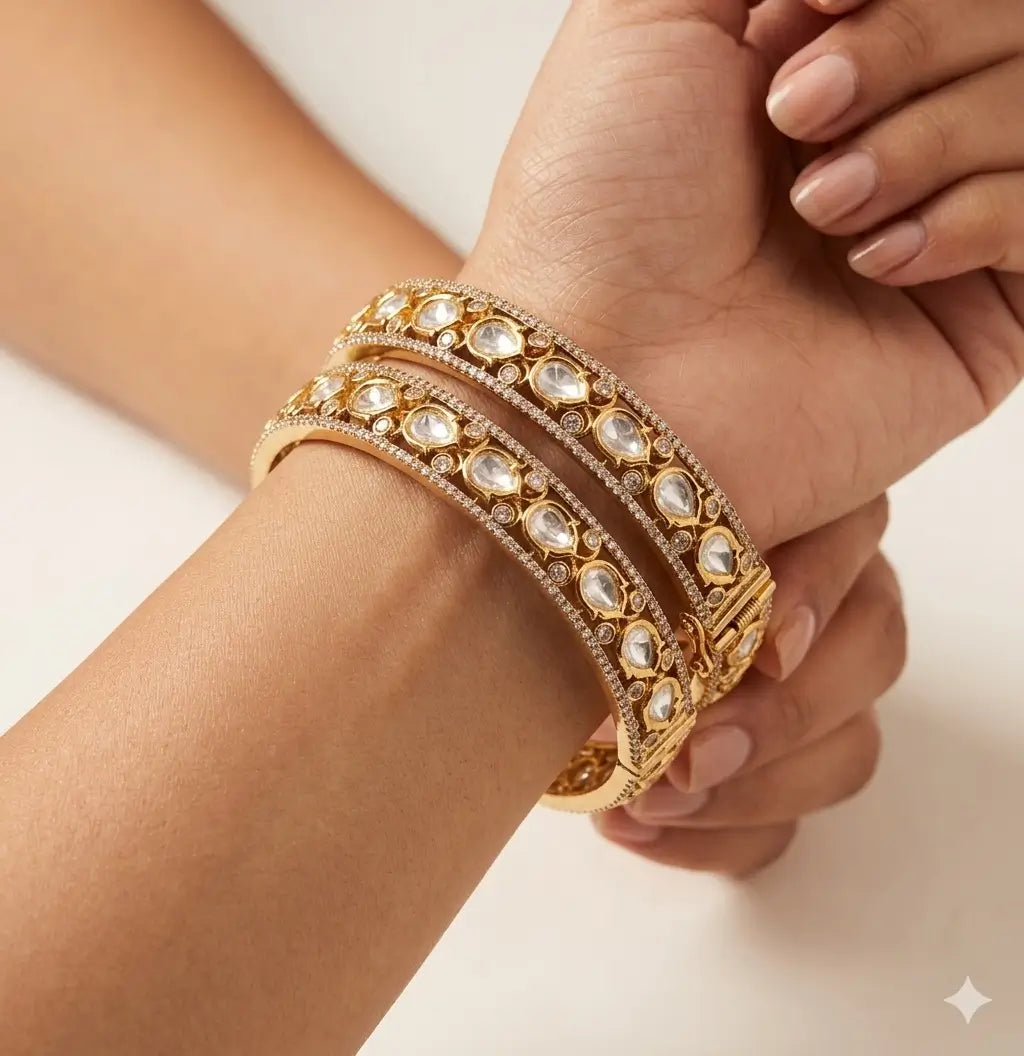 Celestia Moissanite Polki Openable Bangle Pair – Gold Bridal Bangles with CZ Halo | Screw Lock Luxury Bangles