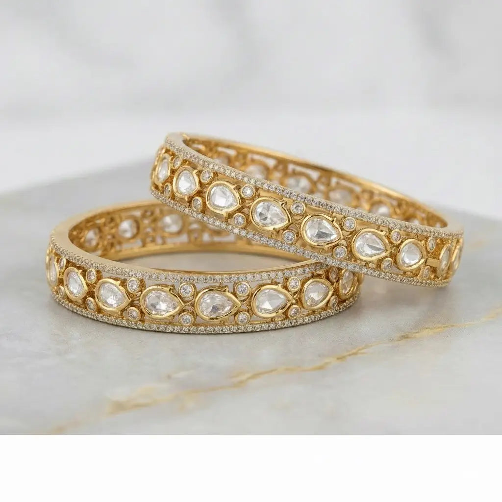 Celestia Moissanite Polki Openable Bangle Pair – Gold Bridal Bangles with CZ Halo | Screw Lock Luxury Bangles