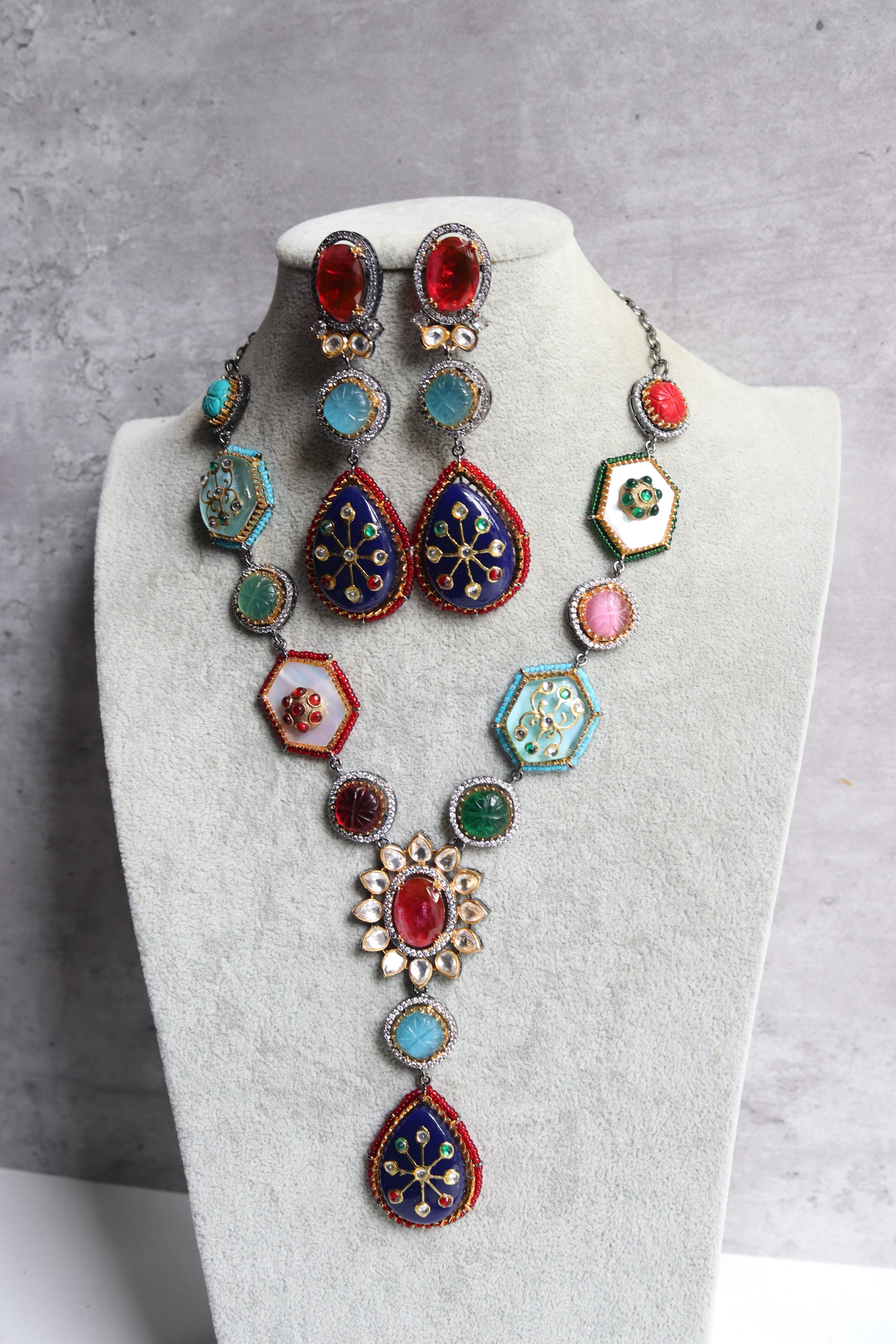 Multicolor Enamel & Stone Statement Necklace Set with Earrings