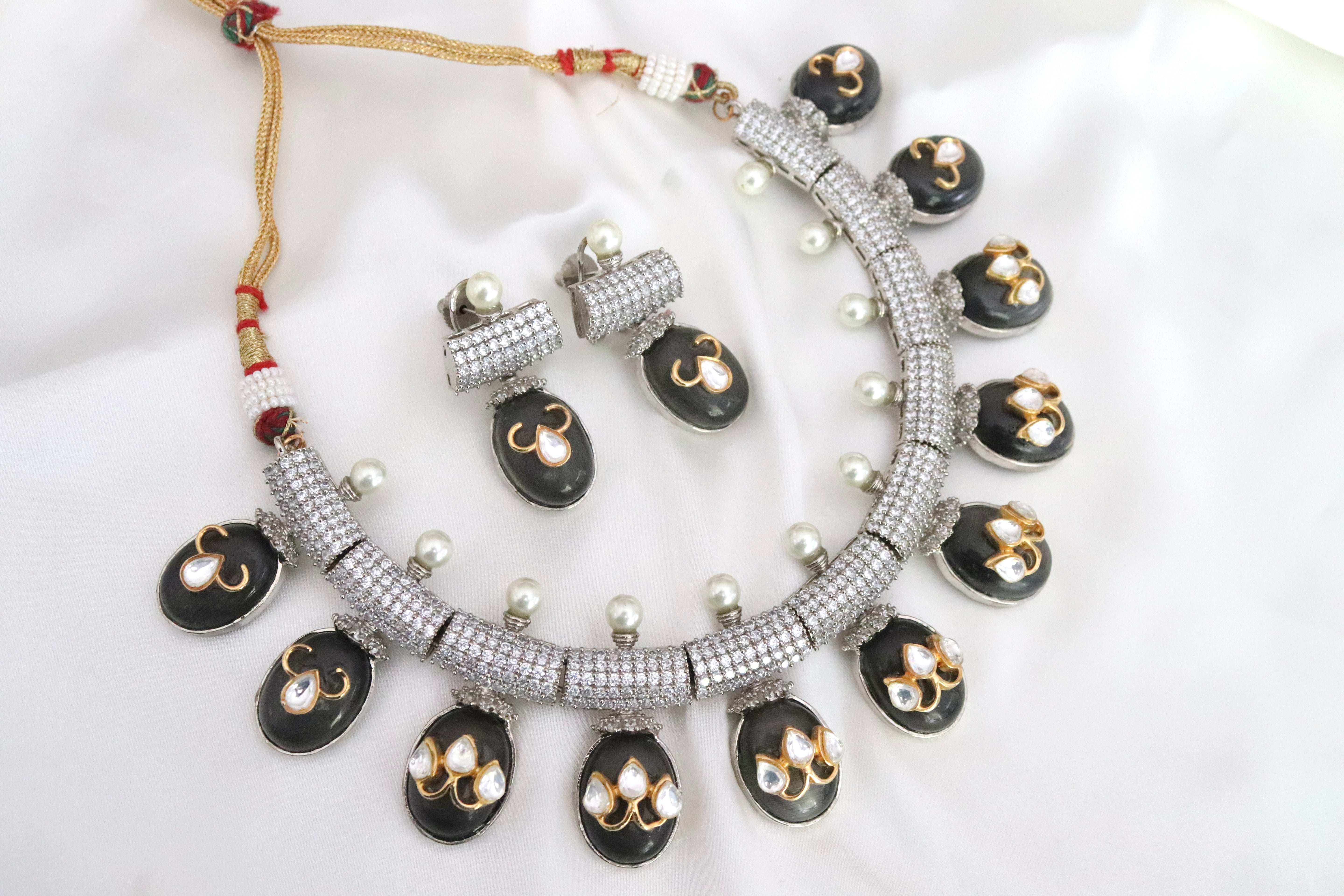 Black Enamel Kundan Necklace Set with Pearls & Matching Earrings