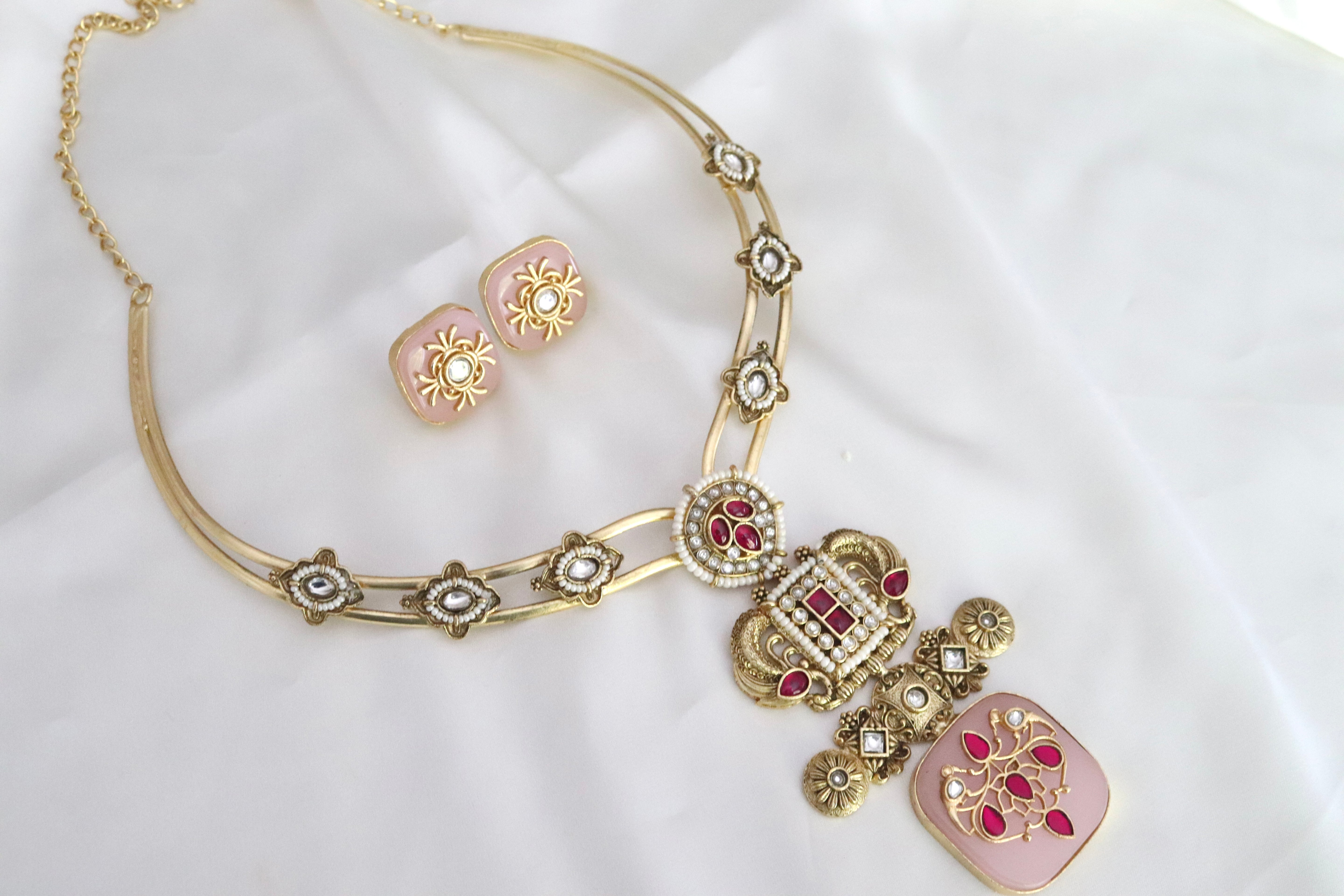 Pink Enamel Kundan Necklace Set with Ruby Accents & Matching Earrings