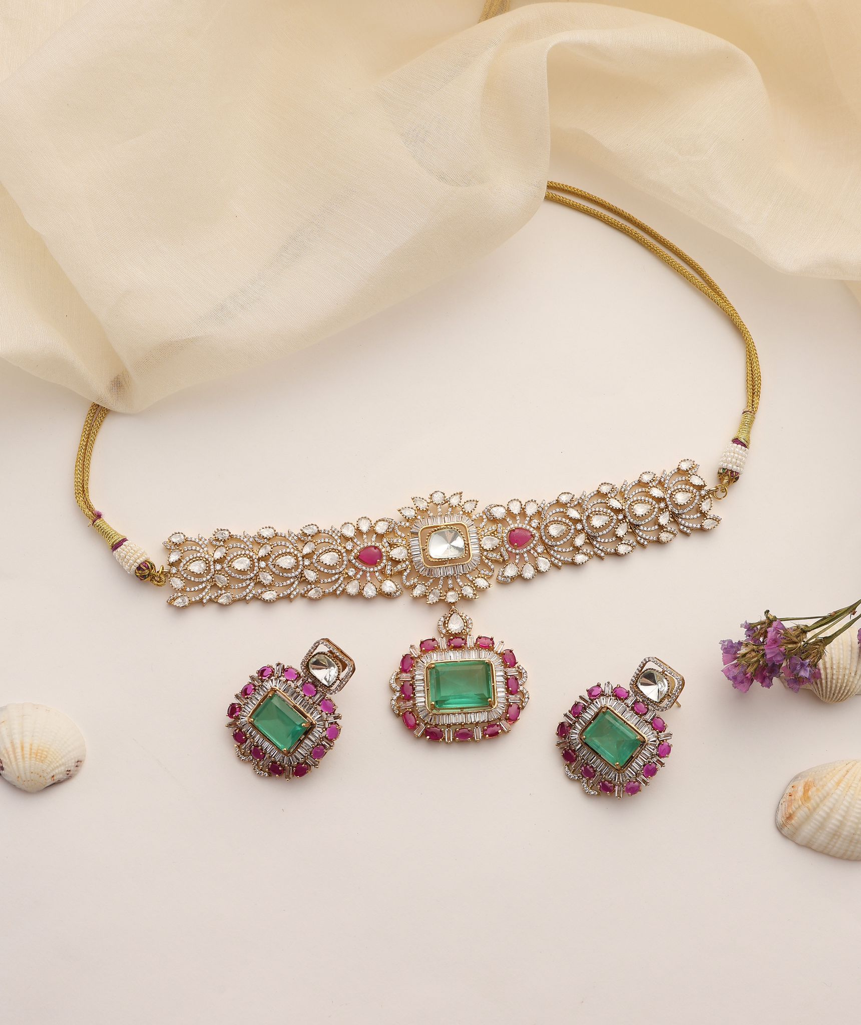 Emerald Glow Kundan & Polki Choker Set with Pink Detailing