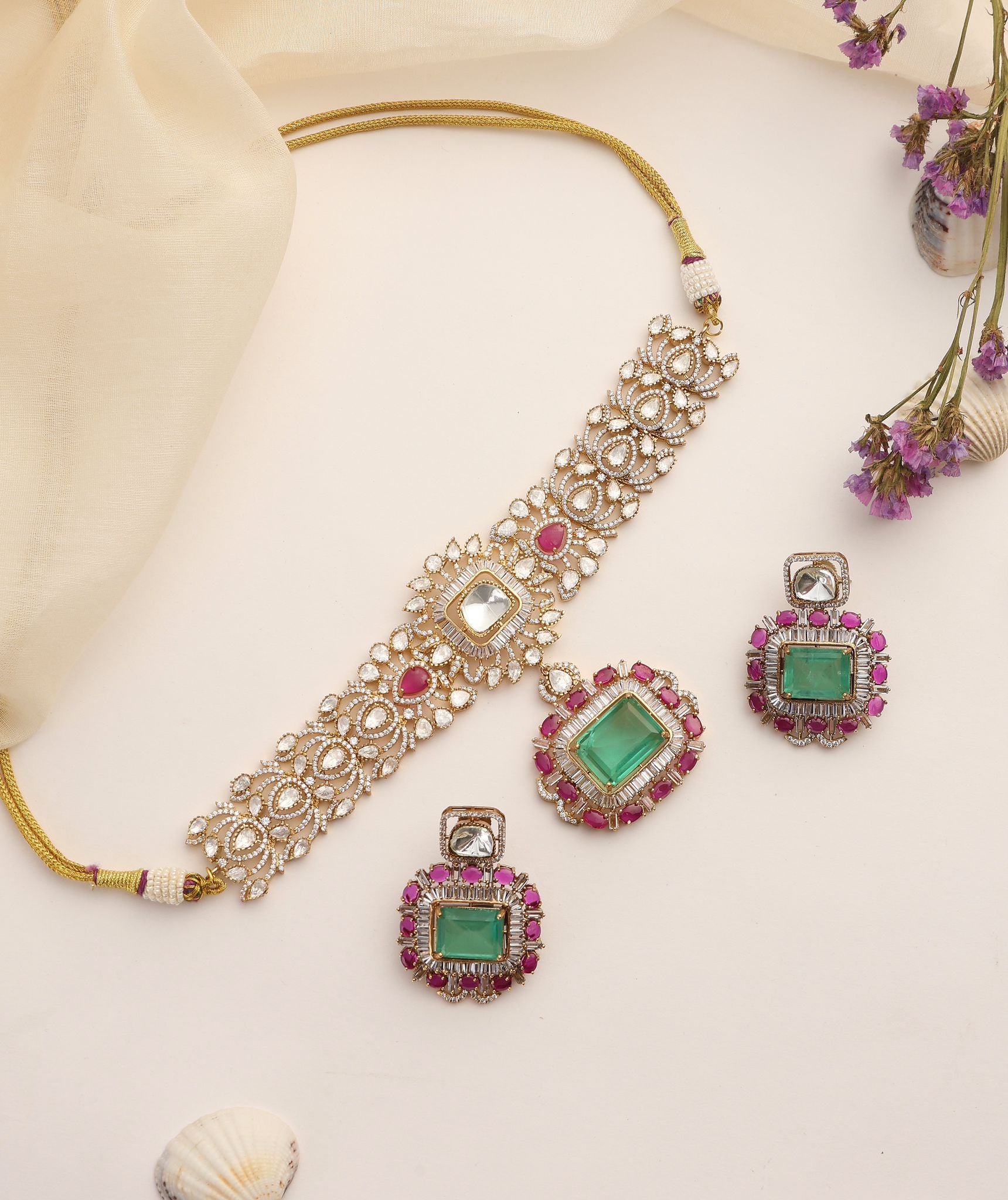 Emerald Glow Kundan & Polki Choker Set with Pink Detailing