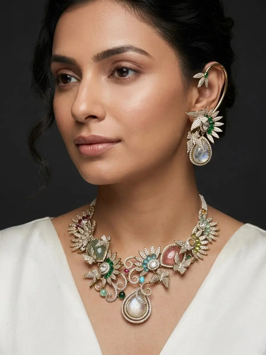 Sabhyata Cabochon Necklace Set – Multicolor Floral Statement Necklace with Ear Cuffs