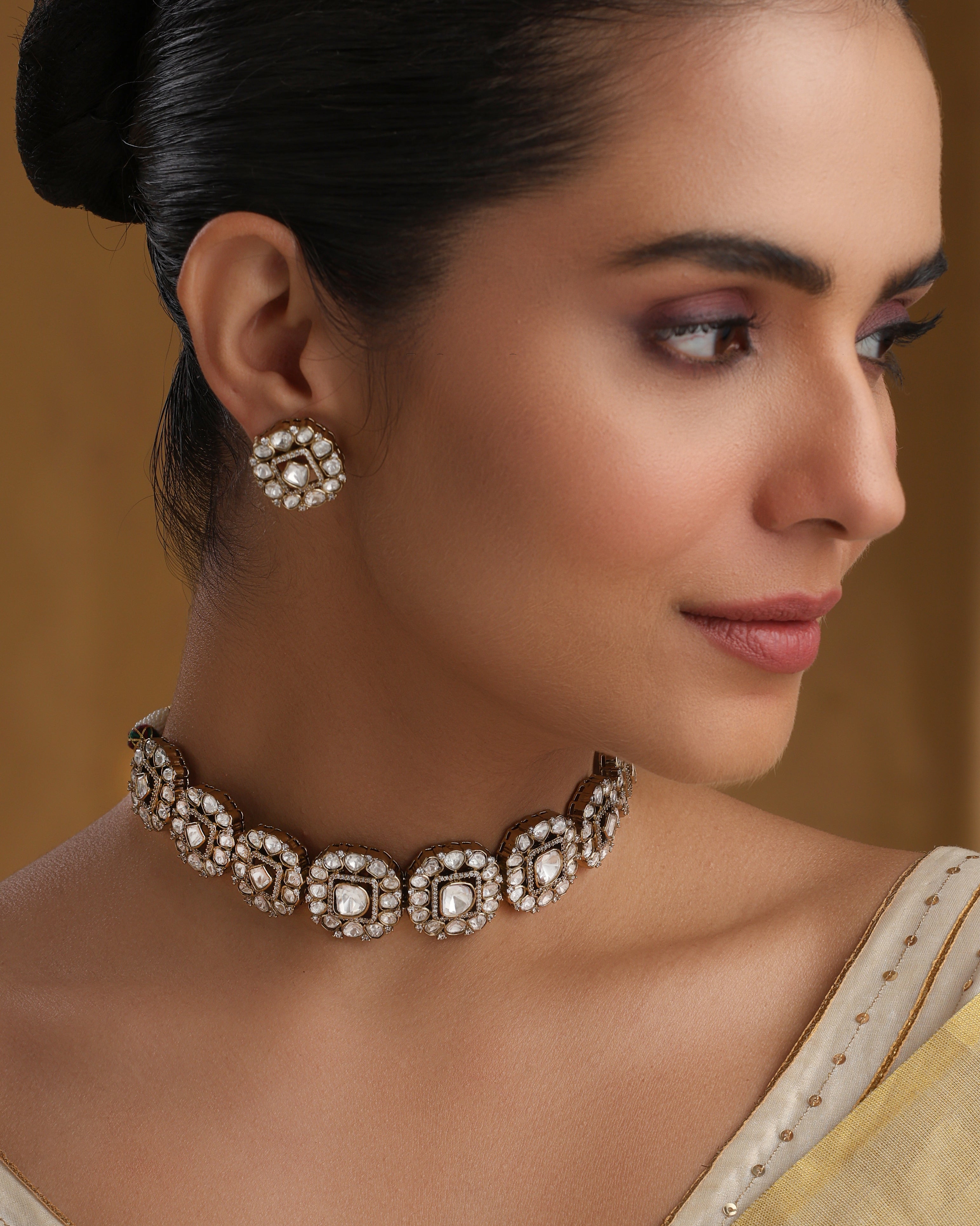 Handcrafted Moissanite Choker in Polki-Kundan Style with Matching Earrings – Party Wear Jewelry USA