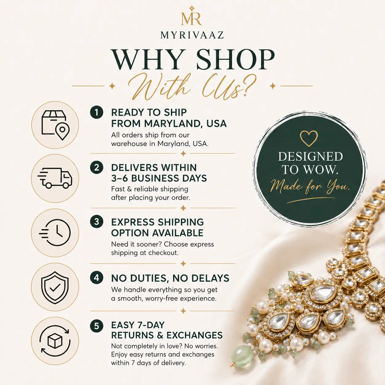 An informational marketing graphic for 'Myrivaaz' explaining shipping benefits, set against a warm cream background with elegant gold typography and a close-up of a pearl and crystal necklace in the bottom right corner.