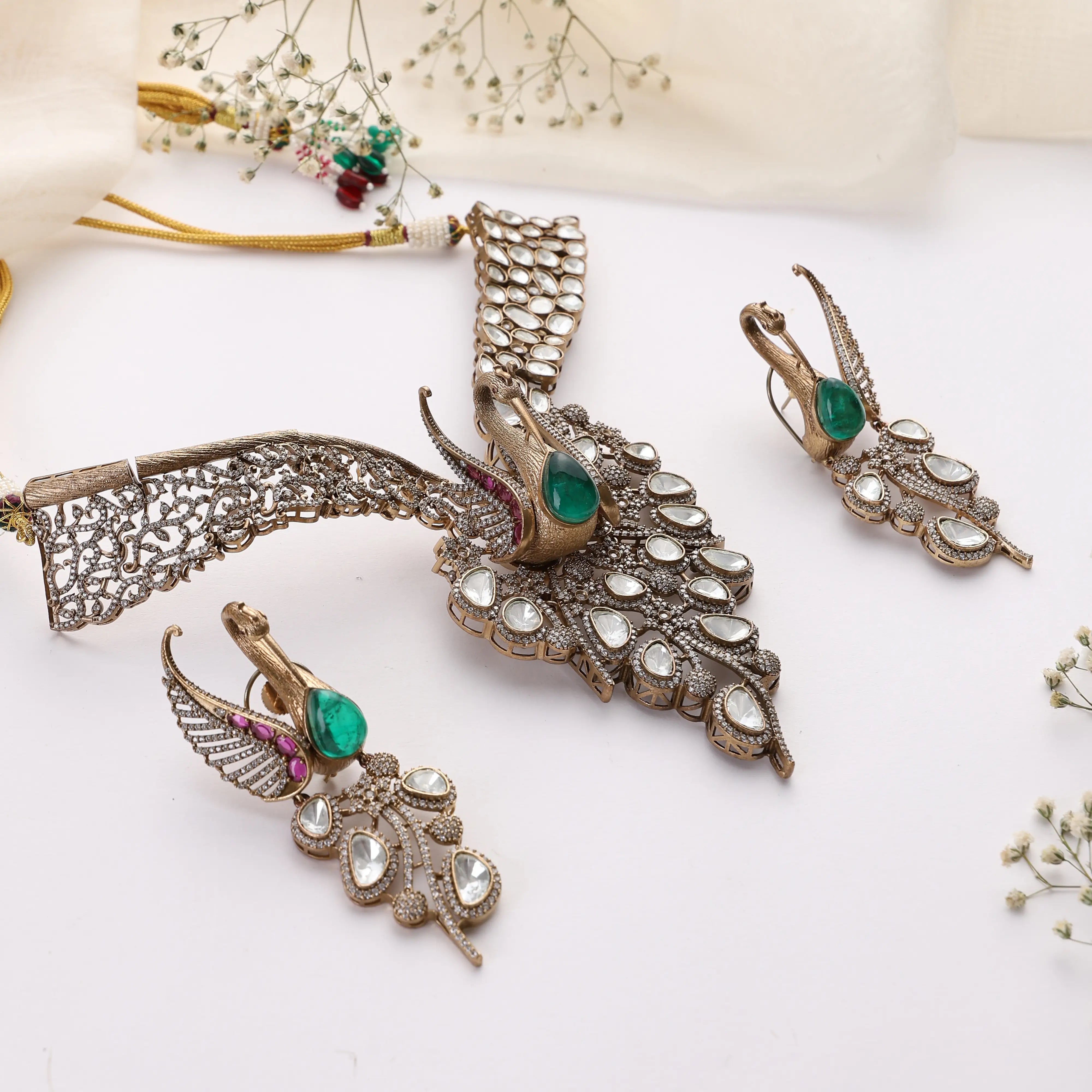 Emerald Peacock Kundan Choker Set (Necklace + Earrings)