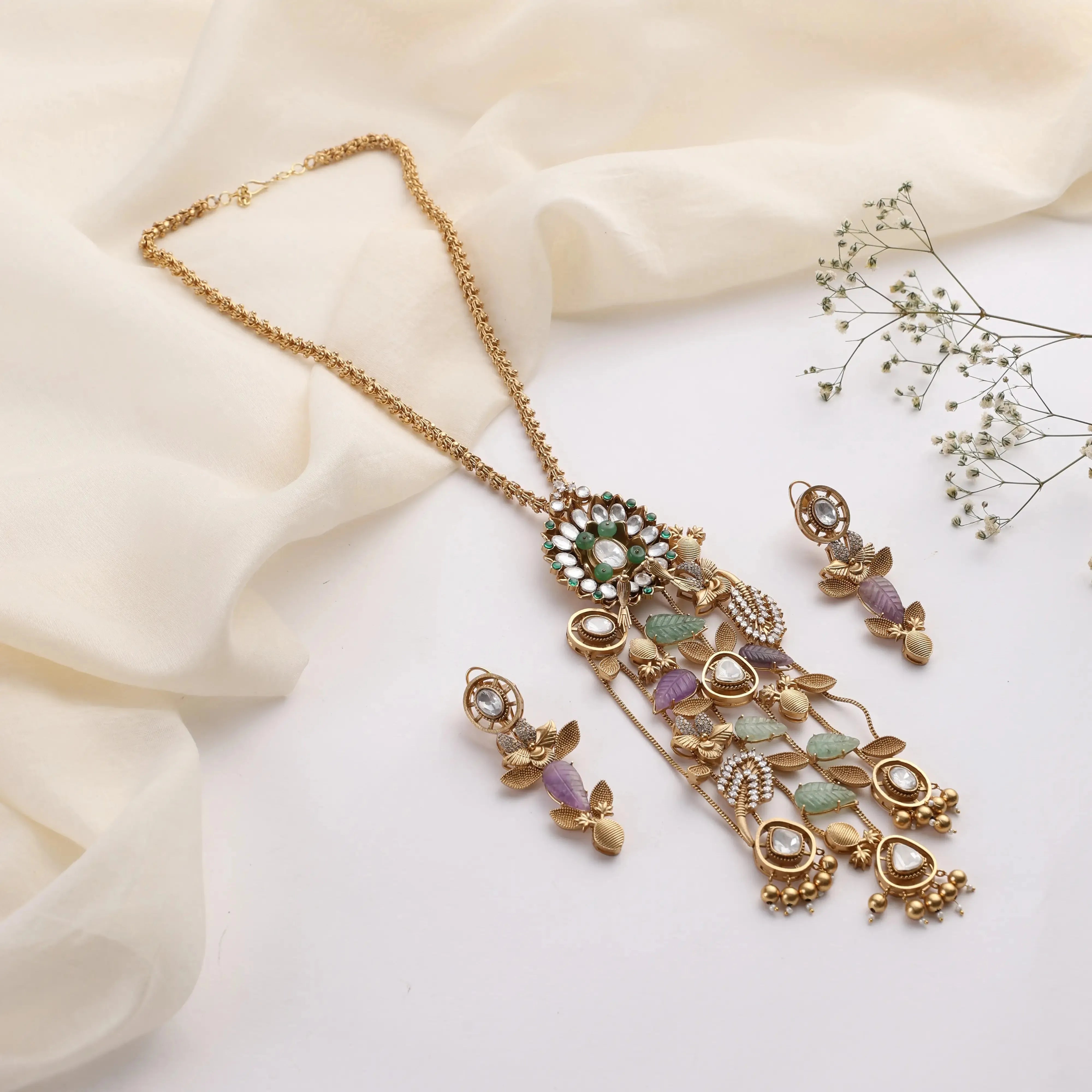 Pastel Leaf Kundan Long Necklace Set (Necklace + Earrings)